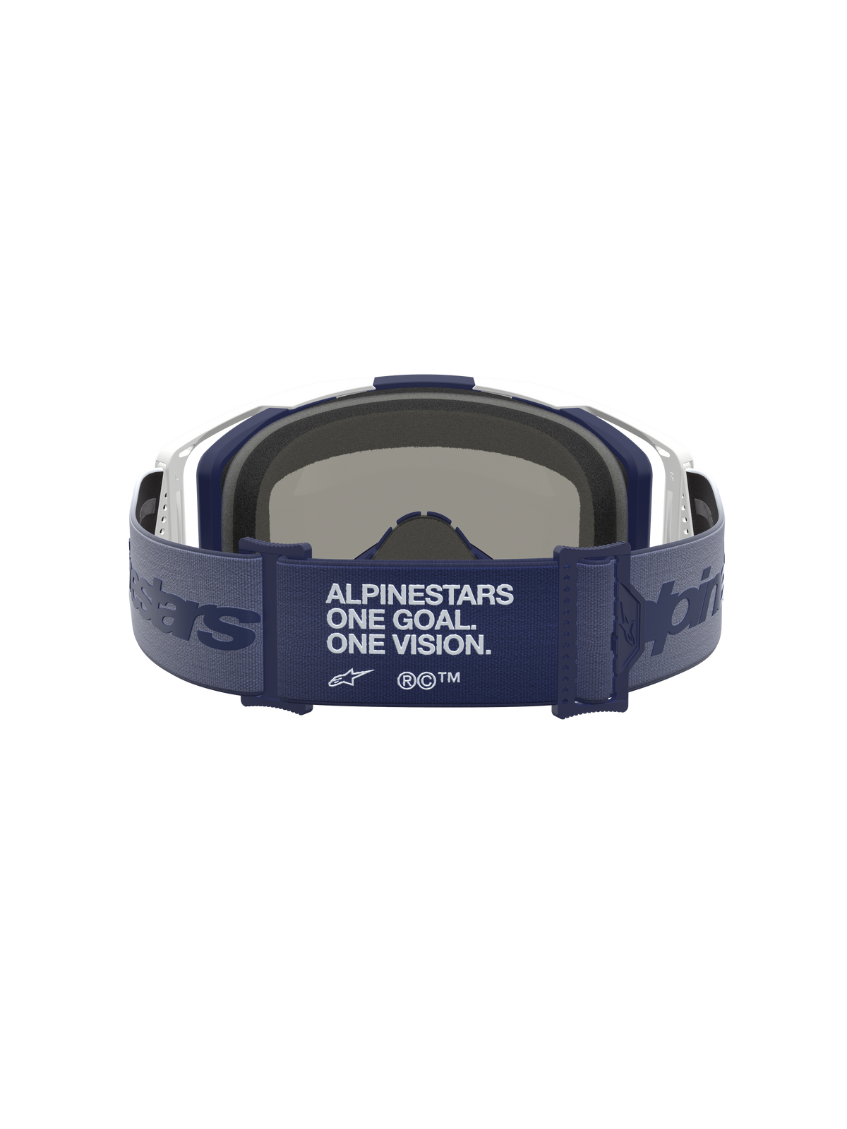 Alpinestars Vision 8 Amber Goggles, Motocross Goggles, White and Navy, featuring the brand manifesto on the strap.