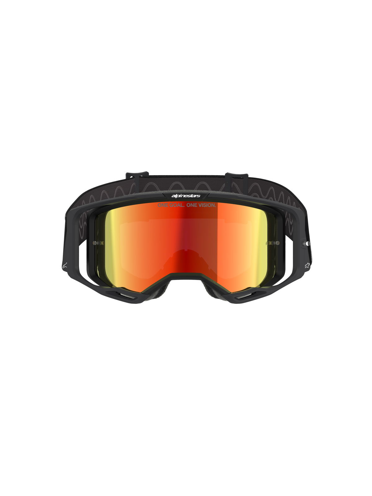 Alpinestars Vision 8 Corp-glasögon, motocrossglasögon, svarta med spegelröd lins, vy framifrån med en röd reflekterande lins med texten 'ONE GOAL. ONE VISION.', svart ram med RAM-AIR-ventilation, justerbart svart band, professionellt ögonskydd för terrängkörning