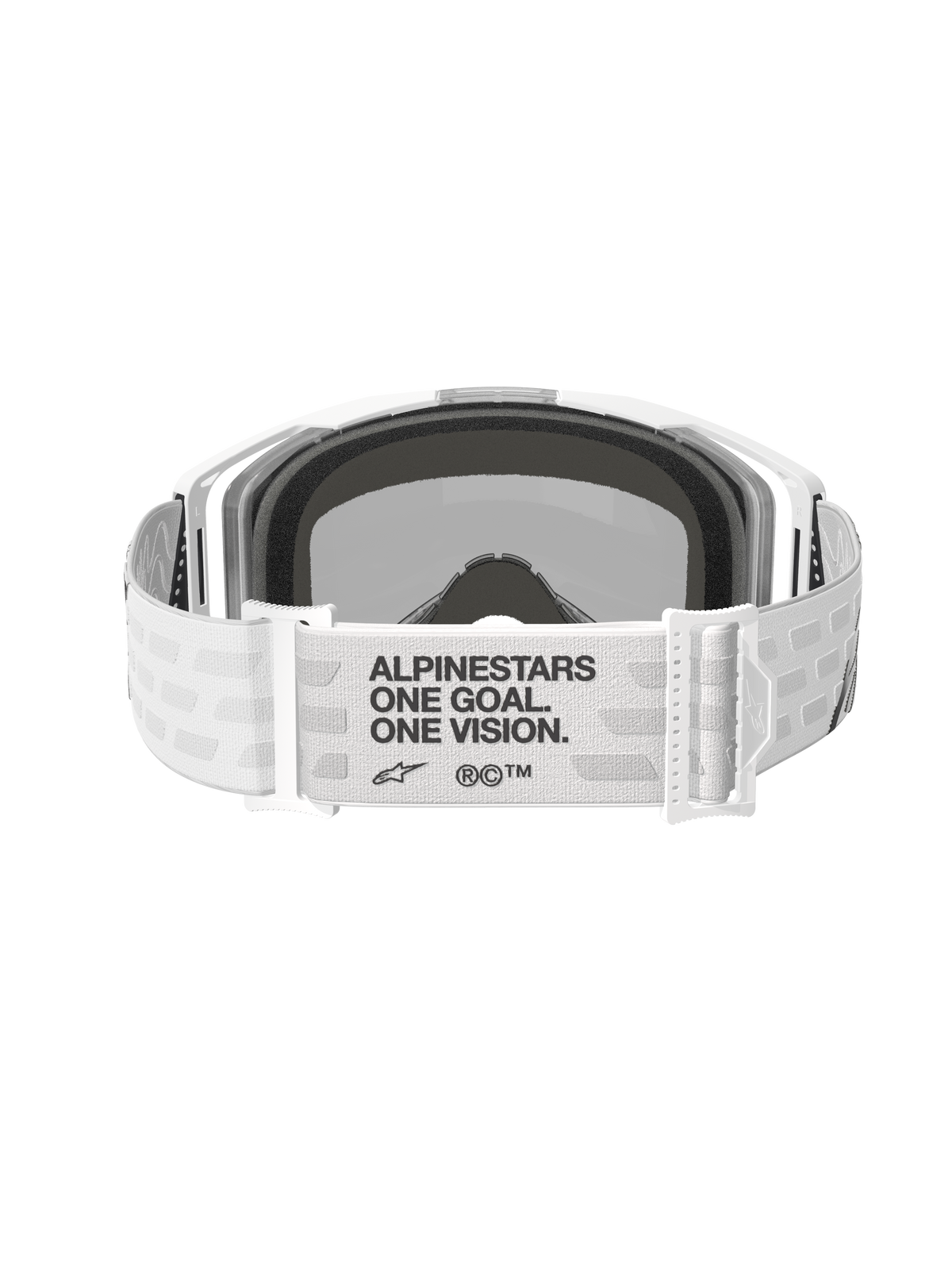 Alpinestars Vision 8 Corp Goggles, motocrossglasögon, vita med Mirror Silver-lins, vy bakifrån med en bred vit vävd rem med svart 'ALPINESTARS ONE GOAL. ONE VISION.'-text, justerbara spännen och bekvämt ansiktsskum, designade för off-road-prestanda