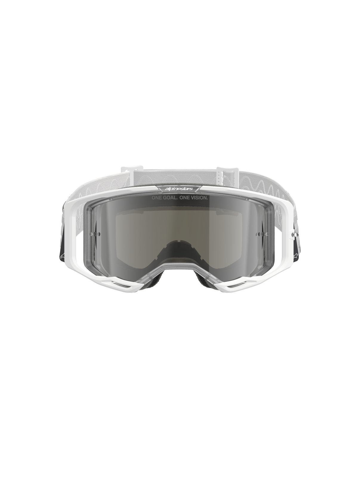 Alpinestars Vision 8 Corp goggles, motocrossglasögon, vita med Mirror Silver-lins, vy framifrån som visar den vidvinklade polykarbonatlinsen, RAM-AIR-ventilationssystem och vit vävd rem med logotyp