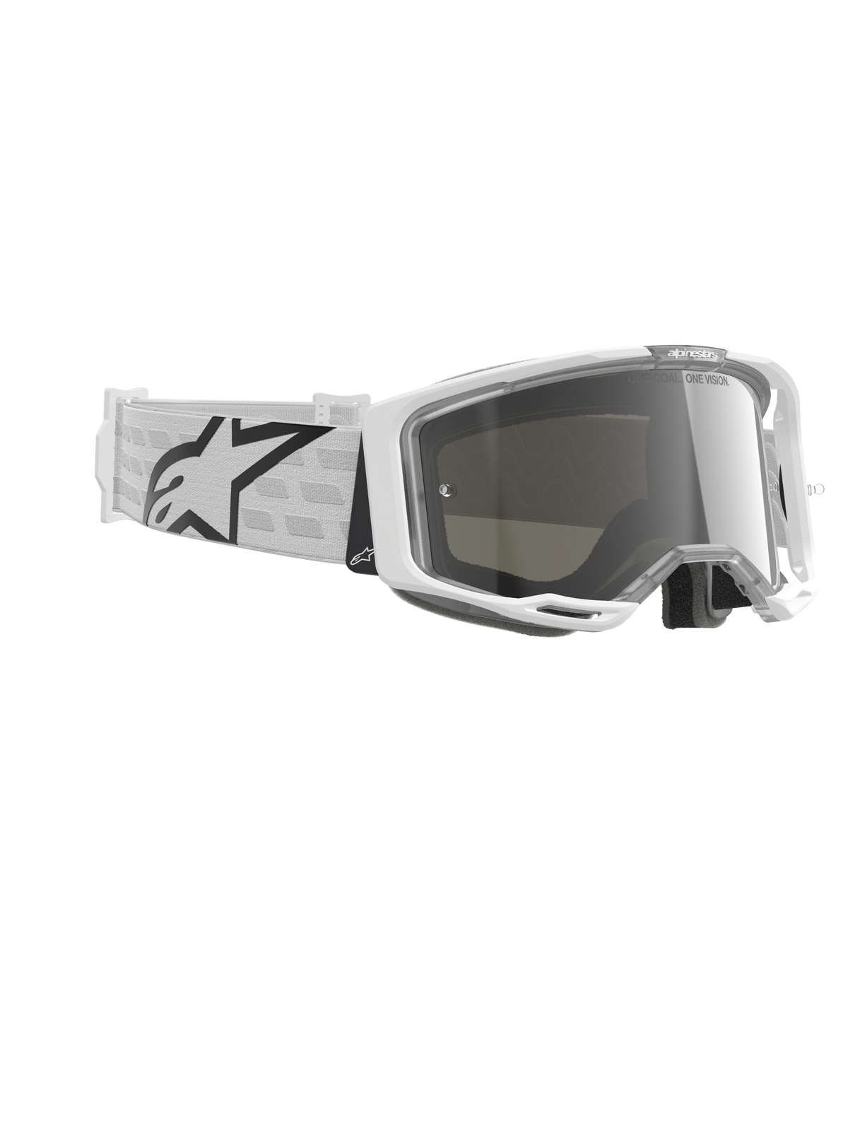 Alpinestars Vision 8 Corp goggles, motocrossglasögon, vit och spegelsilver, med en vit A-FLEX-ram, silverfärgad spegellins och en vit vävd rem med en stor svart Alpinestars-stjärnlogotyp