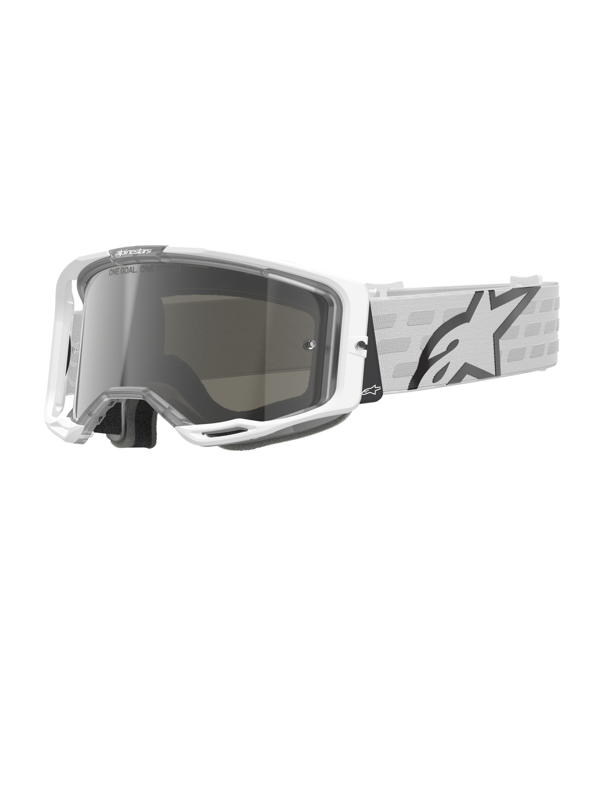 Alpinestars Vision 8 Corp goggles, vita motocrossglasögon, silverfärgad spegellins, grå- och vitmönstrad rem, racingglasögon för terrängkörning, vadderat foder för komfort, modern rektangulär ram