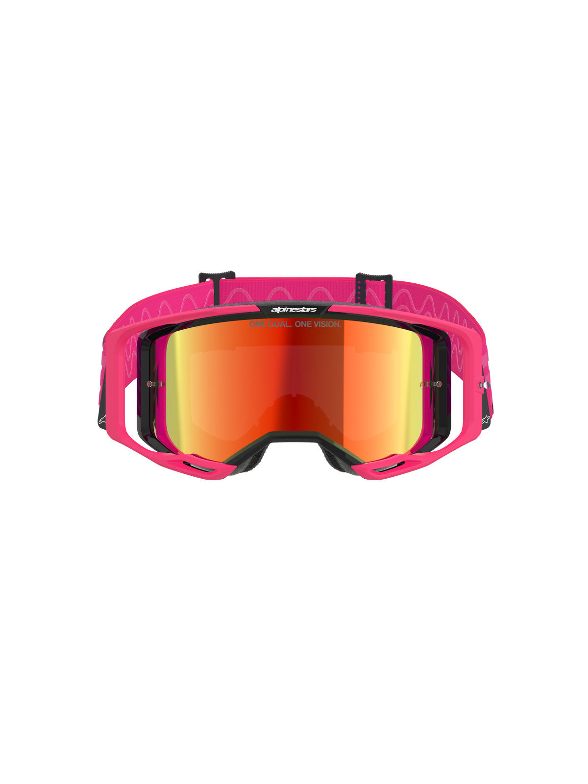 Alpinestars Vision 8 Corp Goggles, motocrossglasögon, rosa ram med röd spegellins, bred rosa rem med vågigt silikonmönster, A-FLEX-ram med utliggare, högpresterande glasögon för terrängkörning