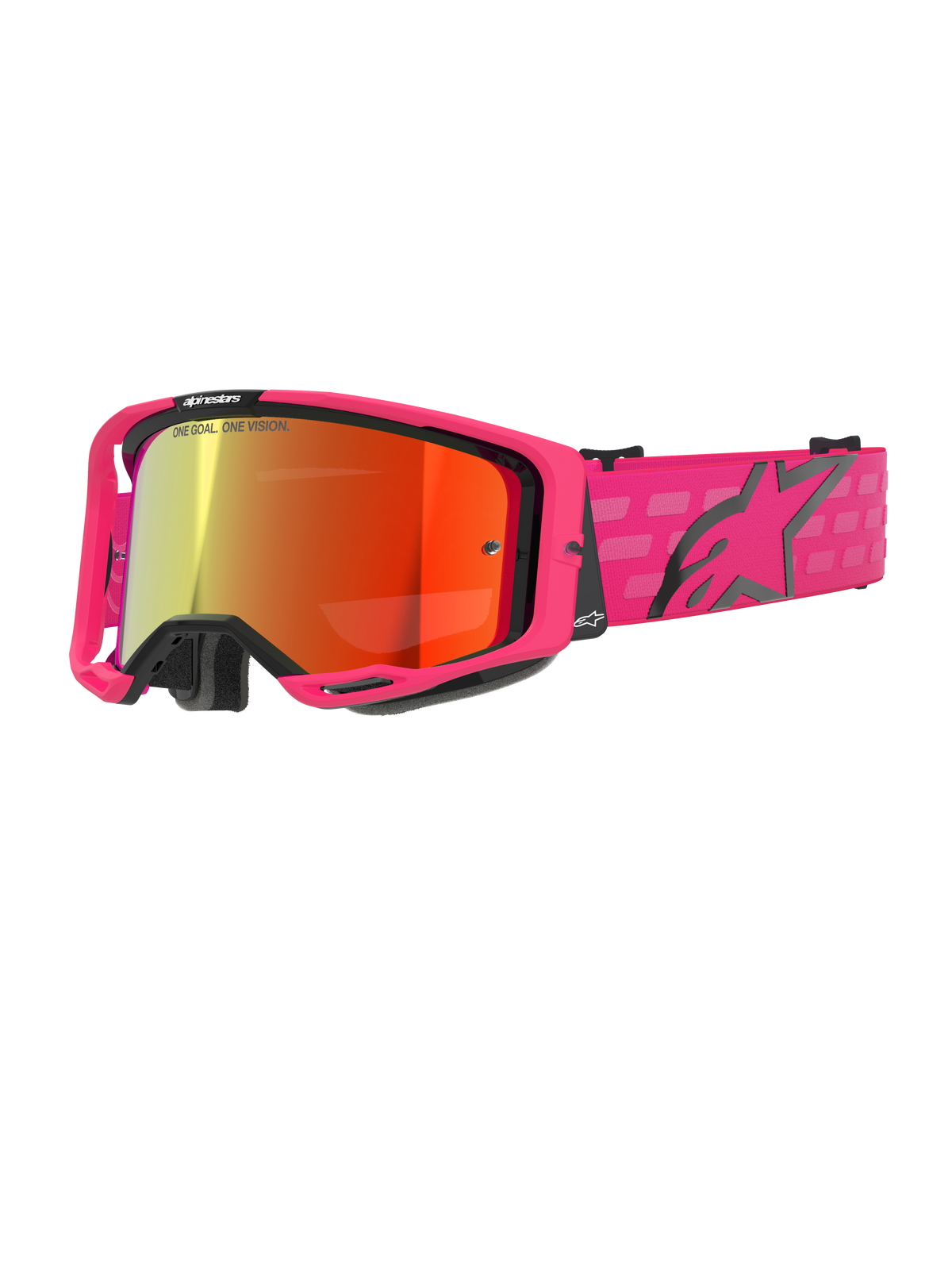 Alpinestars Vision 8 Corp Goggles, Motocross Goggles, Pink and Mirrored Red, Pink frame with black accents, adjustable pink strap with black logo and checkered pattern, professional off-road eyewear