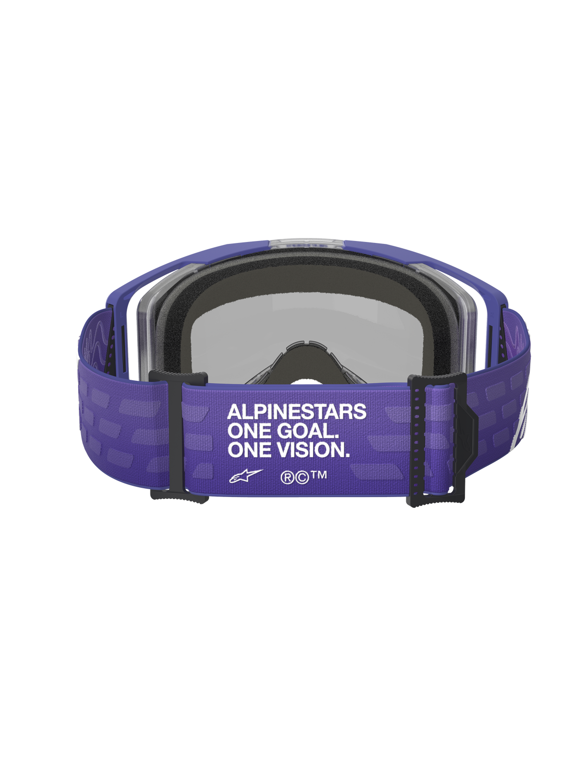 Alpinestars Vision 8 Corp-glasögon, lila, vy bakifrån med bred lila rem och vit text 'ALPINESTARS ONE GOAL. ONE VISION.', svarta detaljer och grått ansiktsskum, motocrossglasögon