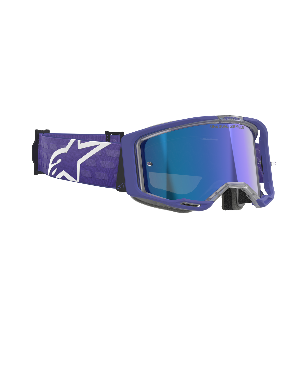 Alpinestars Vision 8 Corp Goggles, motocrossglasögon, Purple Mirror Blue, med lila ram och blå speglad imfri lins, bred lila rem med framträdande vit Alpinestars-logotyp, högpresterande ögonskydd för terrängkörning