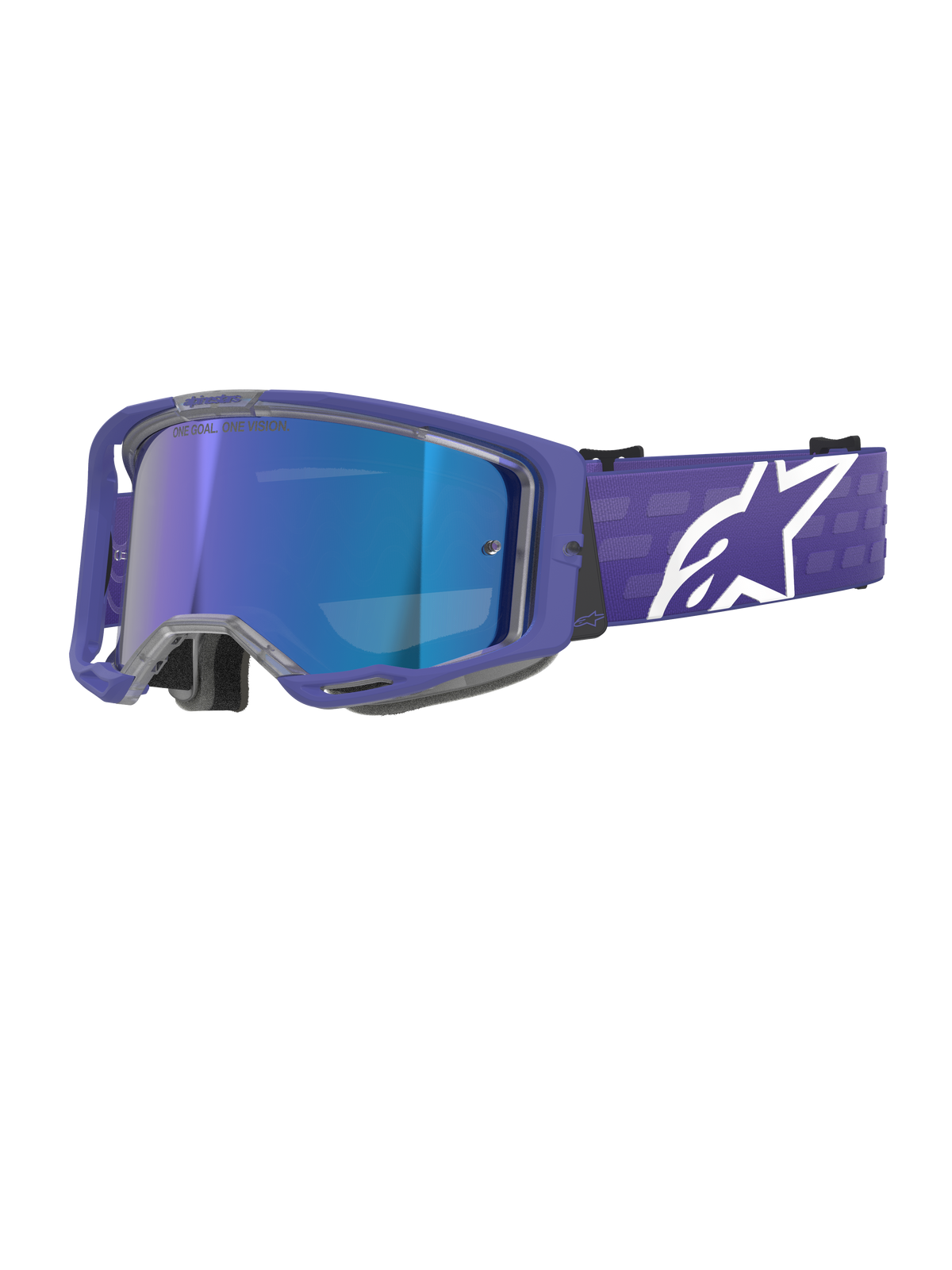 Alpinestars Vision 8 Corp goggles, motocrossglasögon, lila och spegelblå, blå reflekterande lins med texten 'One Goal. One Vision.', lila ram med bred rem och vit Alpinestars-logotyp, ögonskydd för terrängkörning