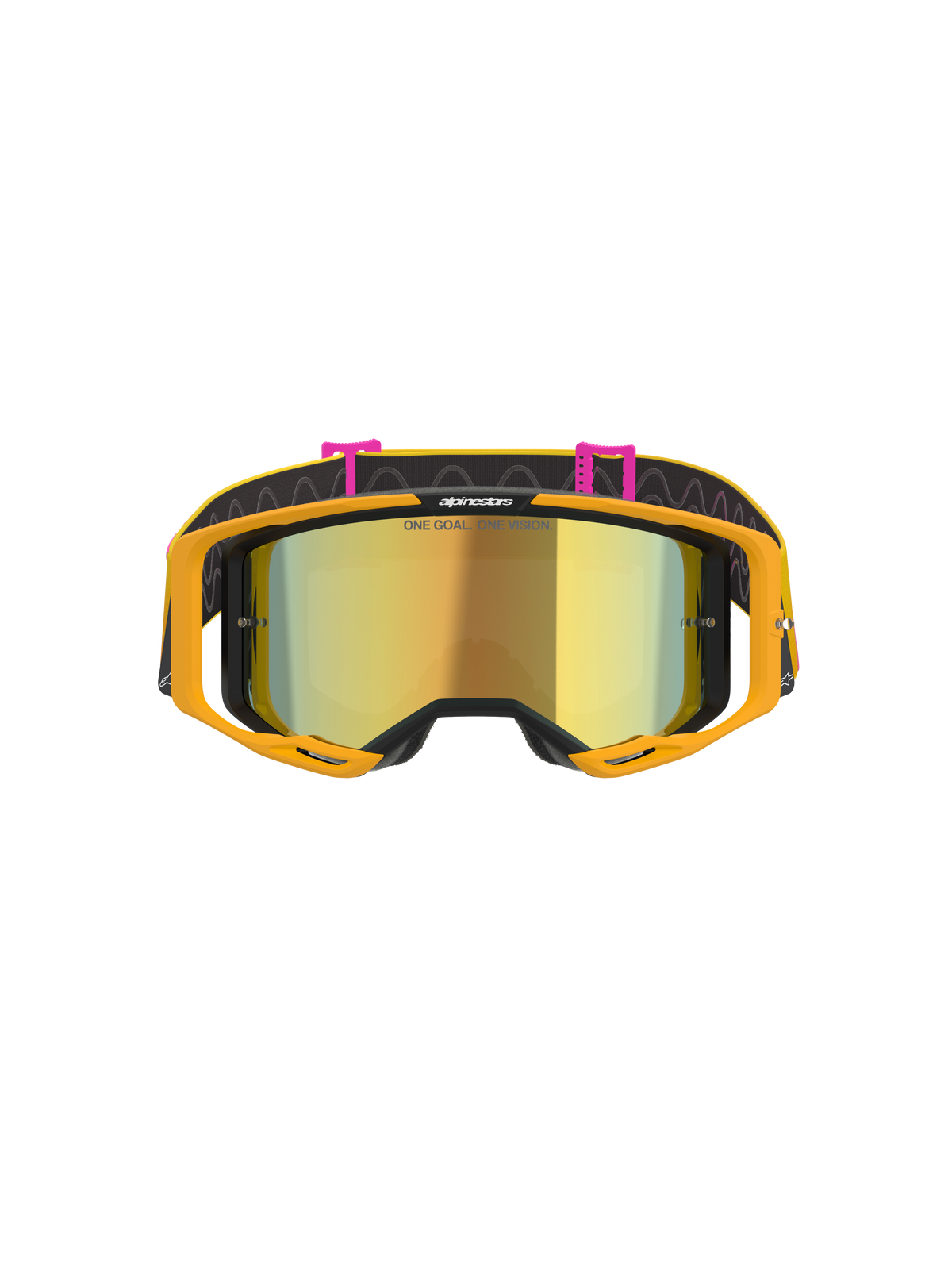 Alpinestars Vision 8 Corp Goggles, motocrossglasögon, orange, gul och rosa med guldspegellins, framifrån med en guldspegellins med texten 'ONE GOAL. ONE VISION.', klarorange ram och svart rem med rosa detaljer och vågigt mönster.