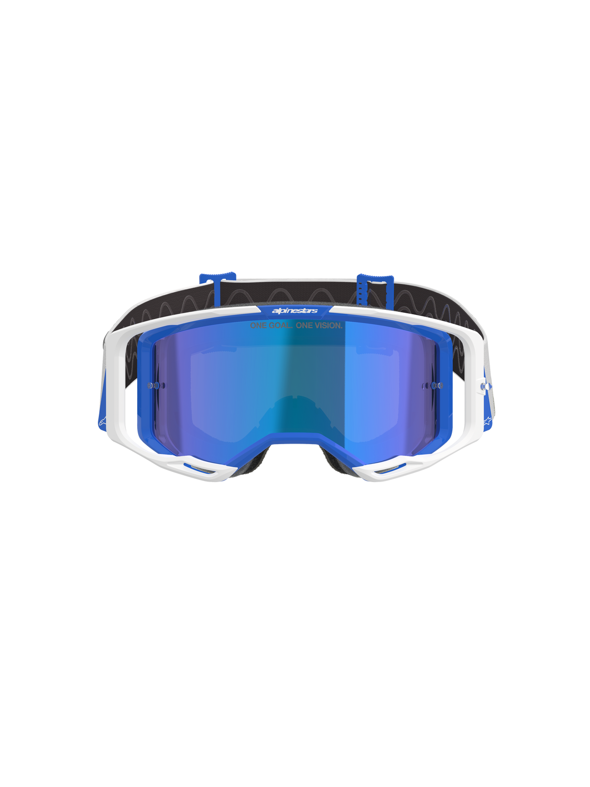 Alpinestars Vision 8 Corp Goggles, motocrossglasögon, blå och vita med blå spegellins, vit yttre ram, blå inre accenter och 'One Goal. One Vision.'-märkning på spegellinsen, designade för prestanda vid terrängkörning