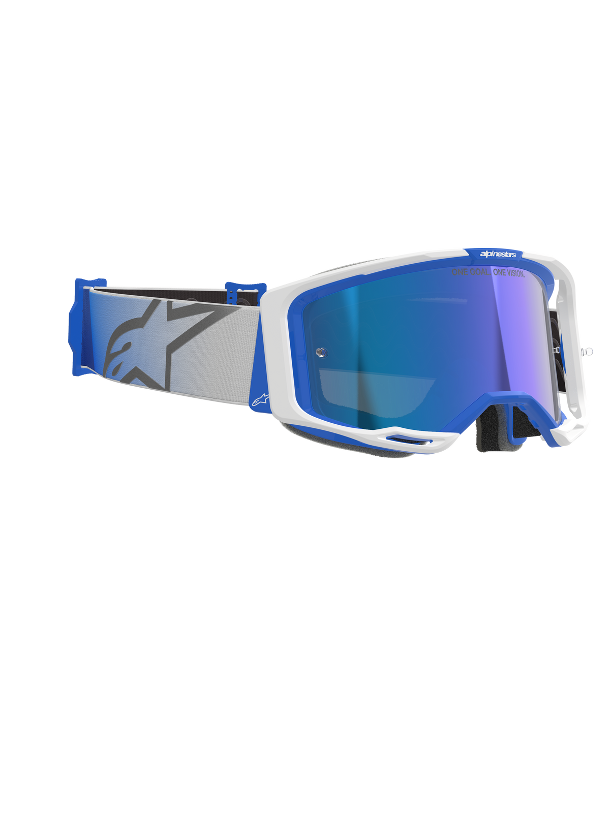 Alpinestars Vision 8 Corp-glasögon, motocrossglasögon, blå och vita med Mirror Blue-lins, ljusgrå vävd rem med blå stjärnlogotyp, smidig A-FLEX-ramdesign med spegelglas för terrängkörning