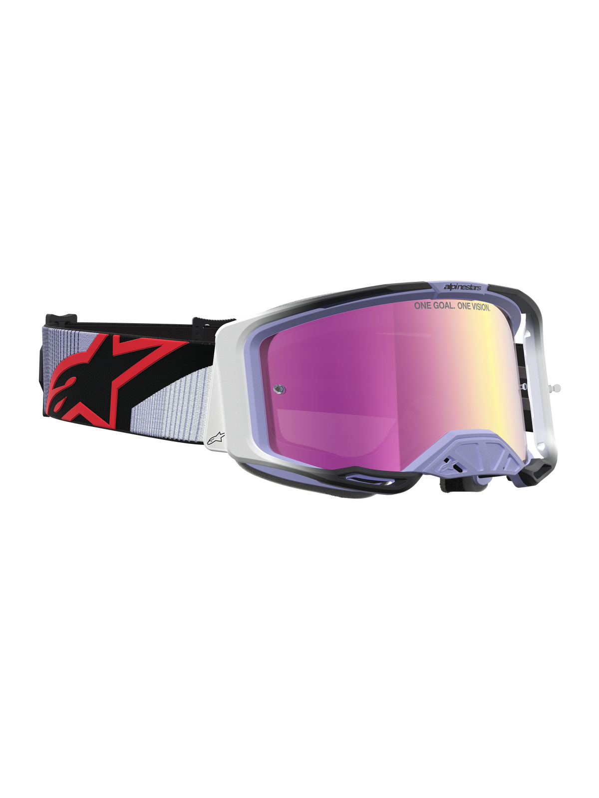 Alpinestars Vision 8 Maven goggles, motocrossglasögon i lila och svart med rosa spegellins, RAM-AIR-ventilation och A-FLEX-ram, röd logotyp på remmen, högpresterande skydd för terrängkörning