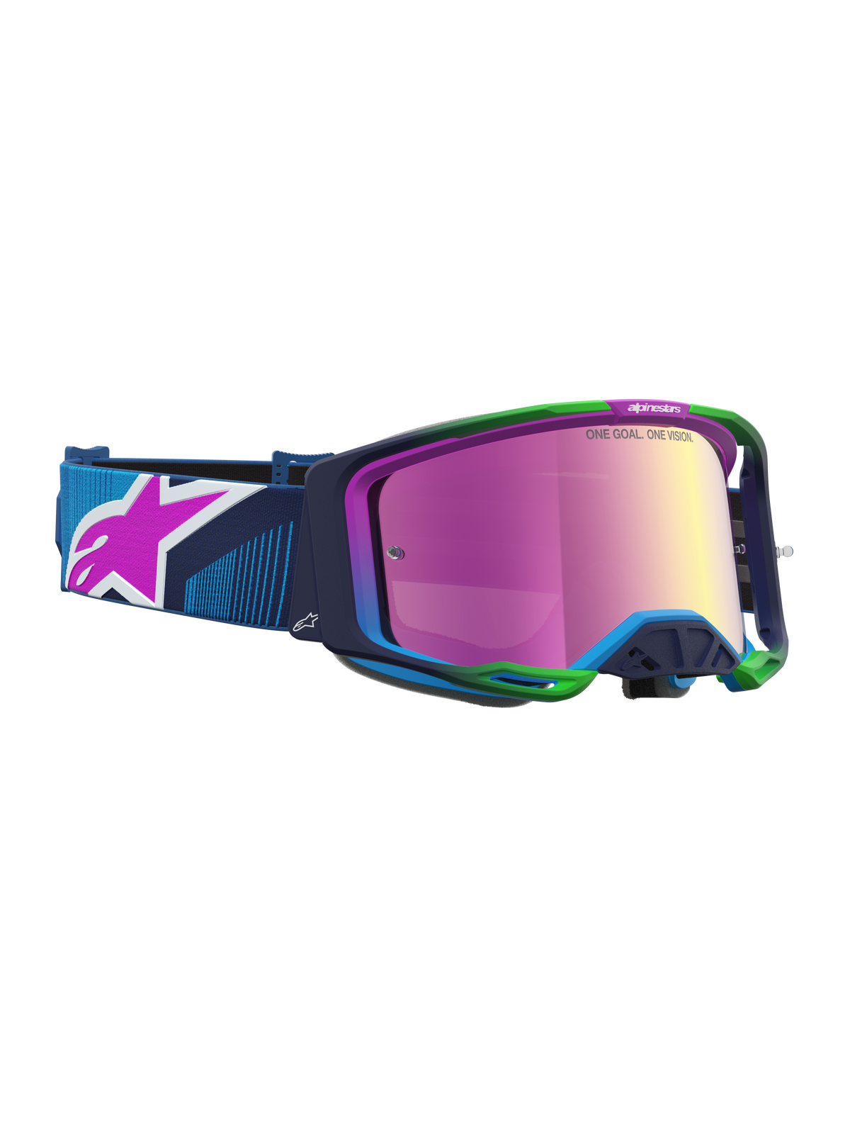 Alpinestars Vision 8 Maven goggles, blå och grön motocross-goggles med rosa spegellins och RAM-AIR-ventilation.
