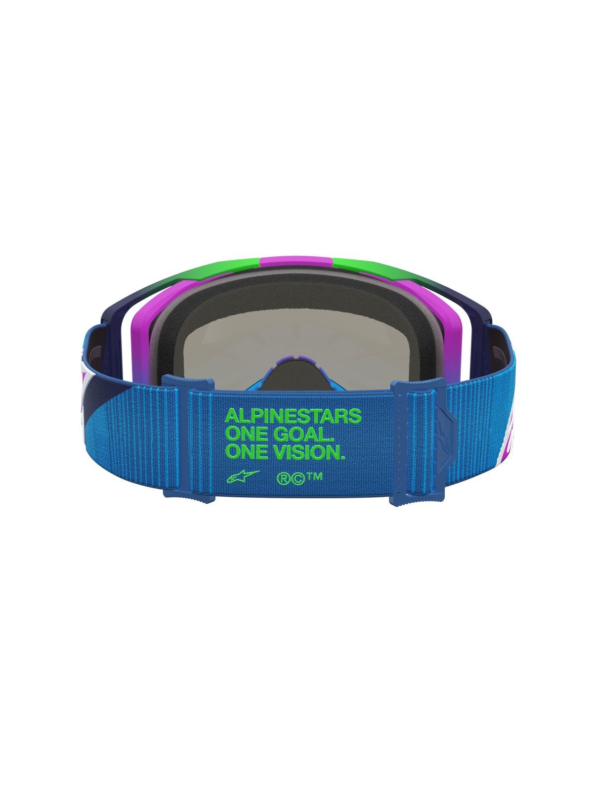 Alpinestars Vision 8 Maven goggles, motocrossgoggles för racing, blå och lila, blått band med grön One Goal One Vision-logotyp, RAM-AIR-ventilation.