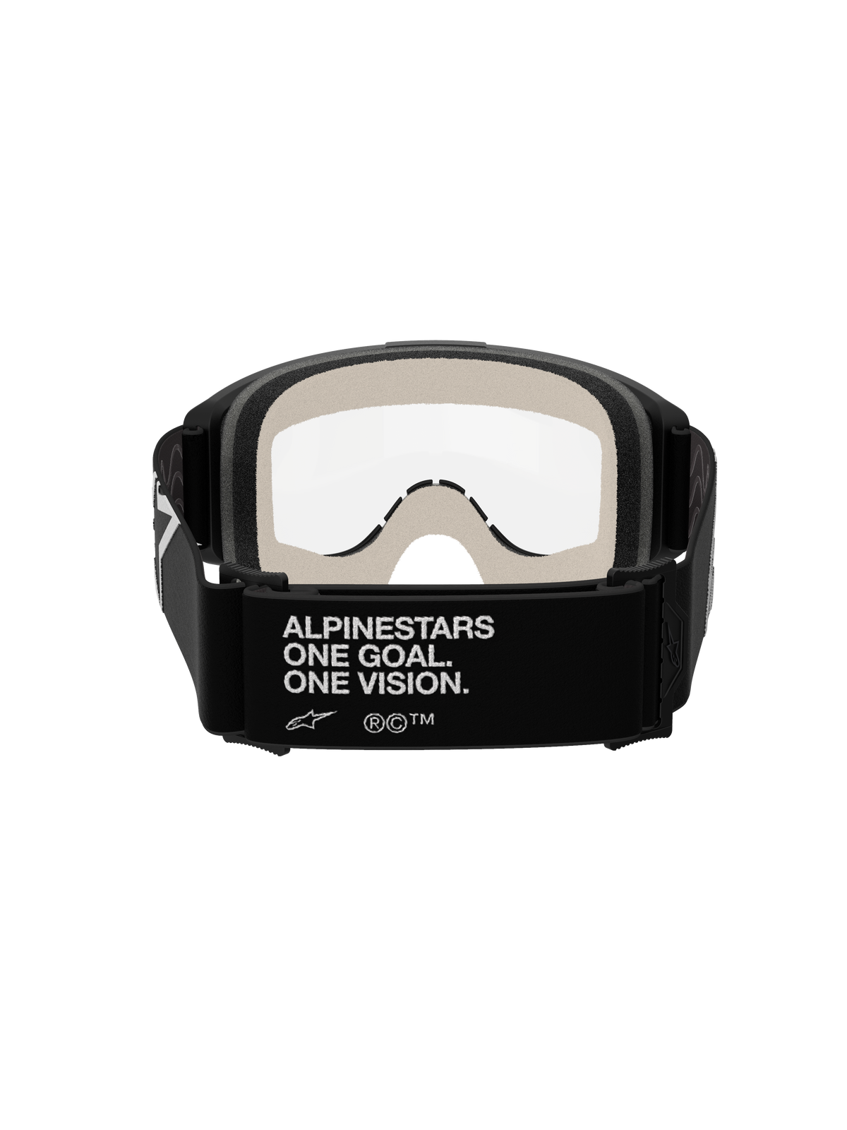 Alpinestars Vision 5 Corp Goggles, motocrossglasögon, svarta med klar lins, vy bakifrån som visar den svarta remmen med vit 'ALPINESTARS ONE GOAL. ONE VISION.'-logotyp, ljusgrått ansiktsskum och klar imskyddsbehandlad lins.