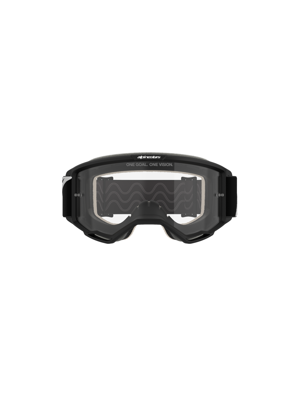 Alpinestars Vision 5 Corp goggles, motocrossglasögon, svart ram med klar lins, vy framifrån, med 'ONE GOAL. ONE VISION.'-märkning upptill, brett synfält för terrängkörning