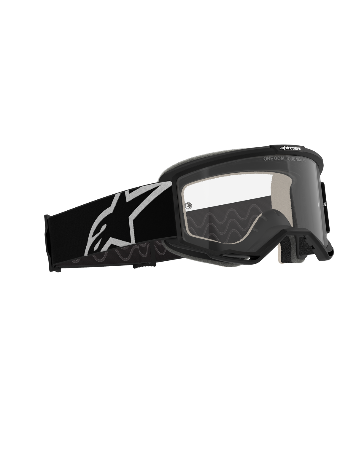 Alpinestars Vision 5 Corp Goggles, motocrossglasögon, svart ram med klar imskyddsbehandlad lins, bred svart rem med vit Astars-logotyp, högpresterande terrängglasögon med RAM-AIR-ventilation