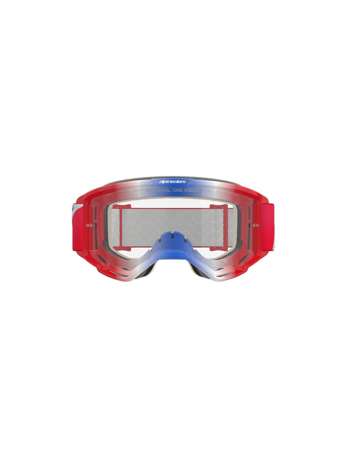 Alpinestars Vision 5 Corp Goggles, motocrossglasögon, röd, vit och blå med klar lins, röd ram med blå och vita gradientdetaljer, rött vävt band, har 'ONE GOAL. ONE VISION.'-text på linsen, hållbart ögonskydd för terrängkörning