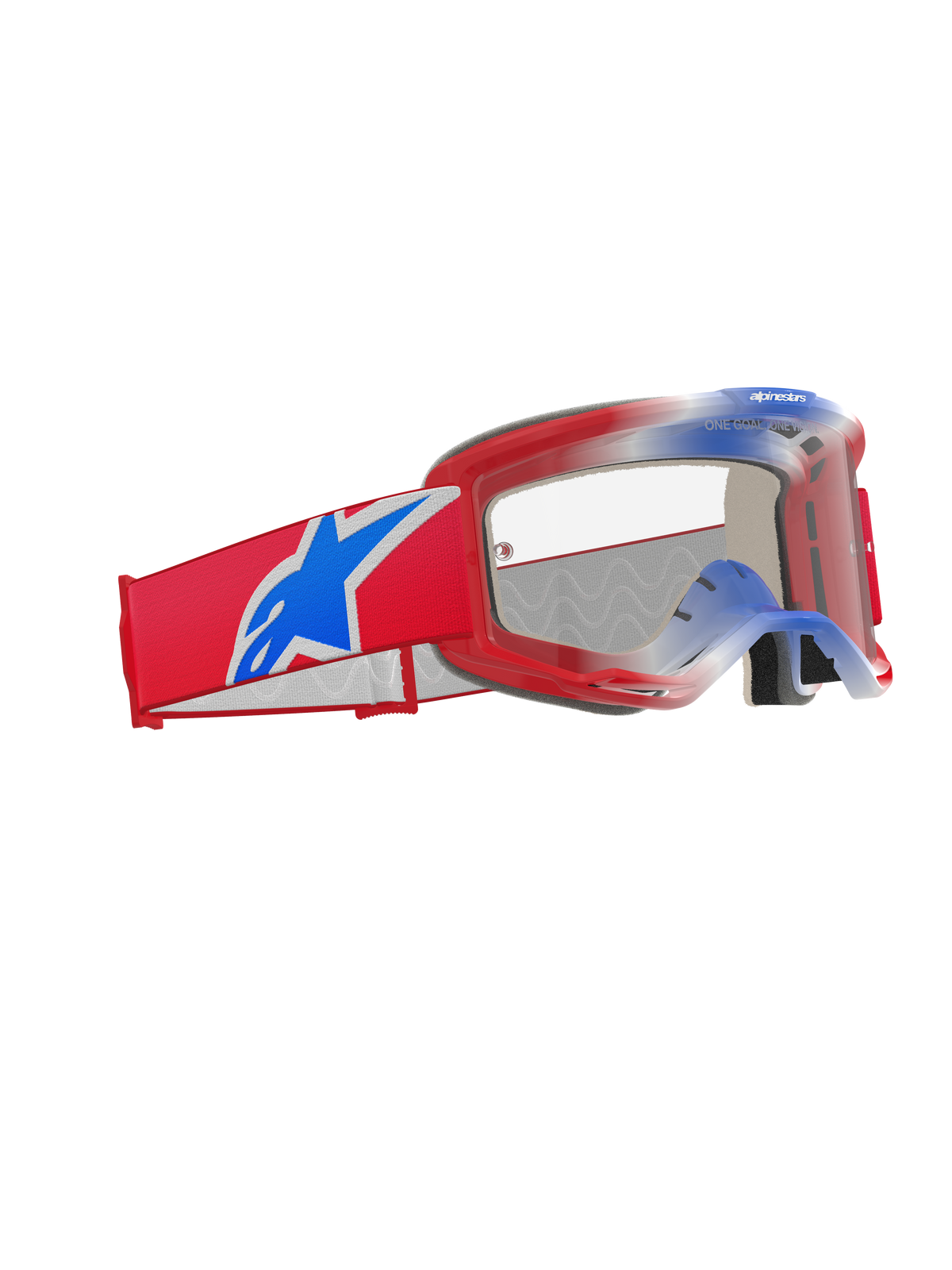 Alpinestars Vision 5 Corp Goggles, motocrossglasögon, röd, vit och blå med klar lins, med ett brett rött vävt band med en stor blå Alpinestars-stjärnlogotyp, lätt röd A-FLEX-ram och högpresterande ögonskydd för terrängkörning