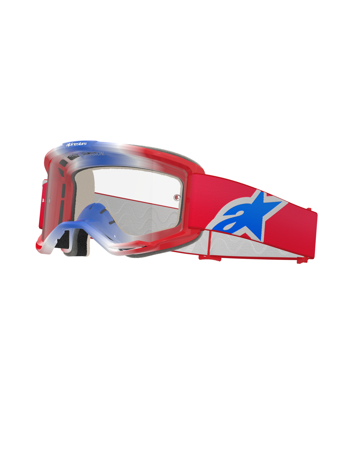 Alpinestars Vision 5 Corp Goggles, motocrossglasögon, röd, vit och blå, transparent lins, röd ram med blå och vit gradient upptill, rött band med en stor blå och vit Alpinestars-stjärnlogotyp, flerlagers skumvaddering, högpresterande racingglasögon