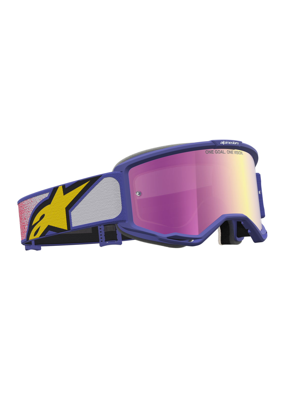 Alpinestars Vision 5 Drag goggles, motocrossglasögon, lila ram med rosa spegellins, gul logotyp på remmen, A-FLEX-ram och RAM-AIR-ventilation.