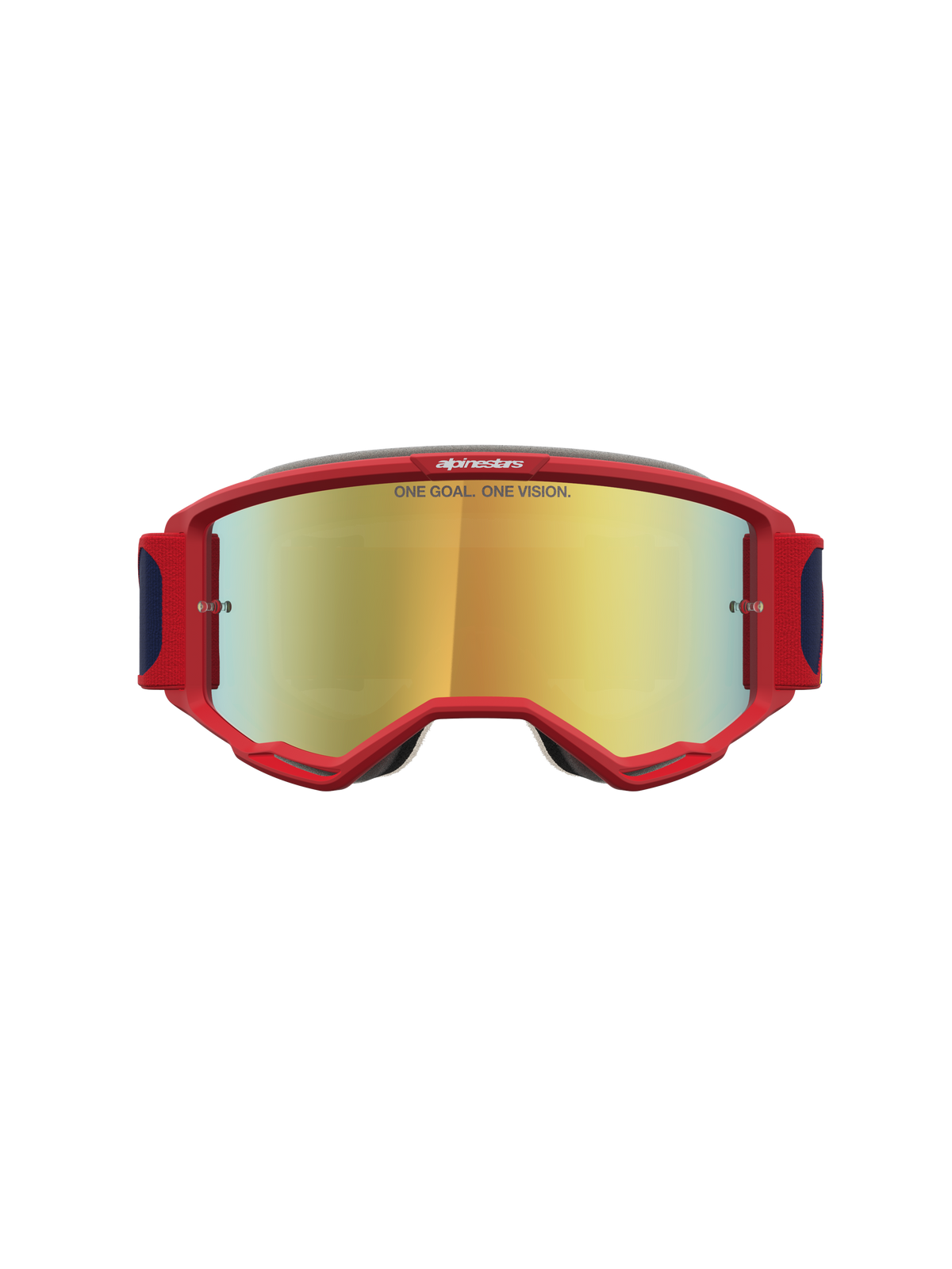Alpinestars Vision 5 Drag goggles, röda motocrossglasögon med guldspegellins, A-FLEX-ram och RAM-AIR-ventilation.