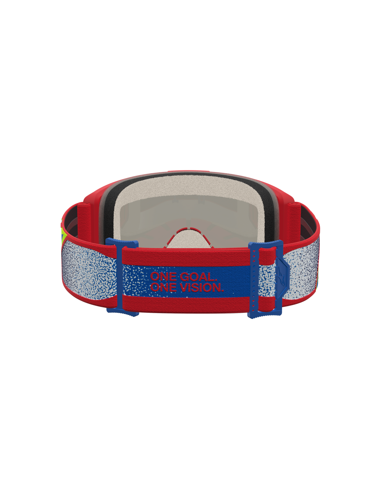 Alpinestars Vision 5 Drag goggles, röda och blåa motocrossgoggles med manifesto-bandet ”ONE GOAL. ONE VISION.” och mjukt flerstegs ansiktsskum.