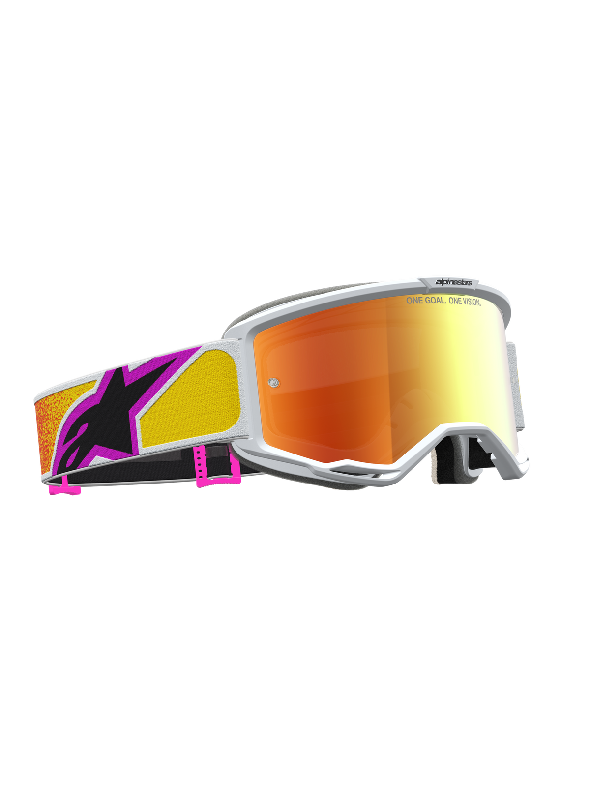 Alpinestars Vision 5 Drag goggles, motocross-goggles med vit ram och orange röd spegellins, A-FLEX uretankonstruktion, RAM-AIR ventilation, högpresterande skydd för terrängkörning.