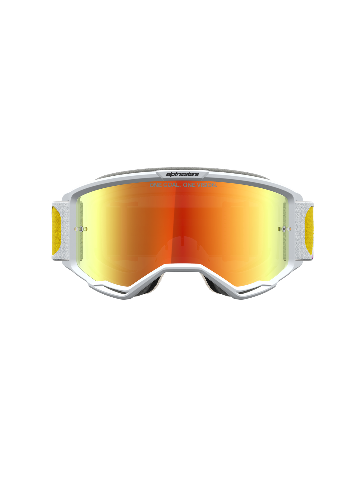 Alpinestars Vision 5 Drag goggles, vita motocrossgoggles med orange spegellins, A-FLEX-ram och RAM-AIR-ventilation.