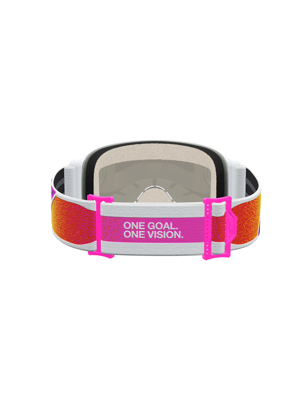 Alpinestars Vision 5 Drag goggles, motocrossgoggles med orange och rosa band, vy bakifrån med slogan One Goal. One Vision.