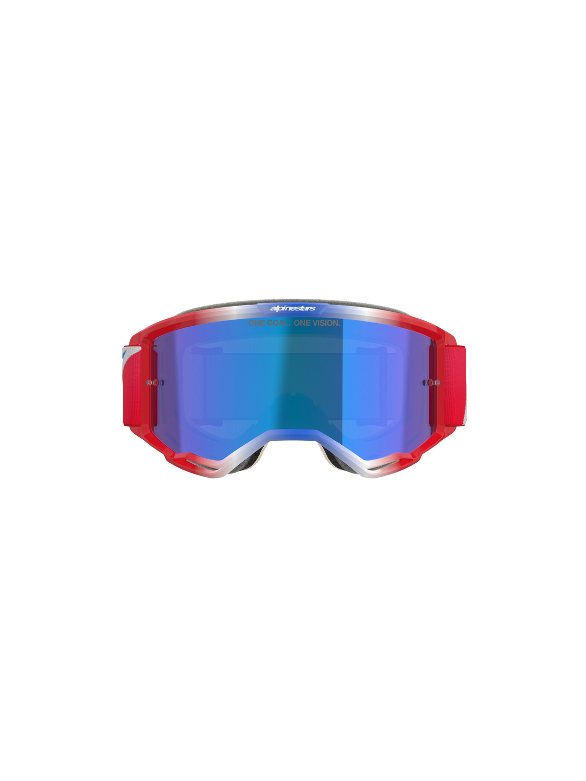 Alpinestars Vision 5 Corp Goggles, motocrossglasögon, röd och vit ram med blå spegellins, rött band och texten 'ONE GOAL... ONE VISION' på linsen, vy framifrån