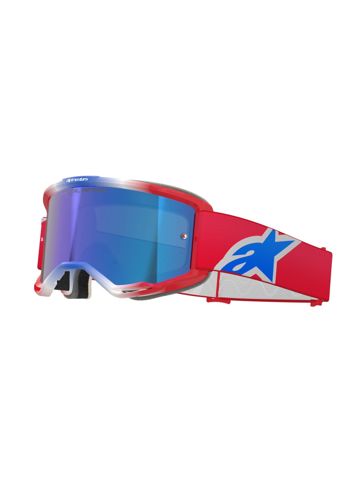 Alpinestars Vision 5 Corp-glasögon, motocrossglasögon, röd, vit och blå, blå spegellins, rött band med blå Alpinestars-logotyp, flexibel röd ram med vita detaljer, skyddsglasögon för terrängkörning