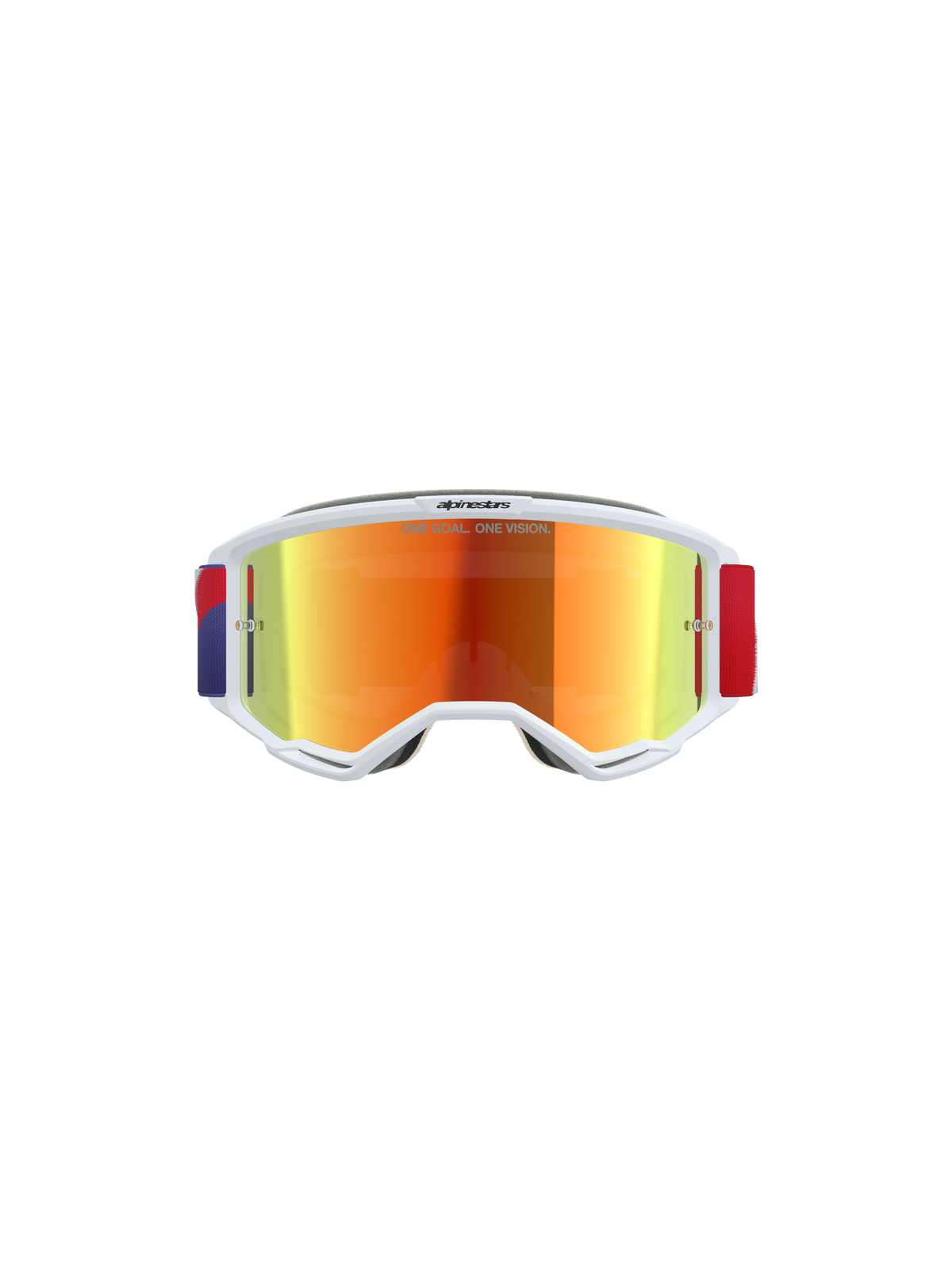 Alpinestars Vision 5 Corp Goggles, motocrossglasögon, vit ram med Purple Mirror Red-tonad lins, justerbart rött och lila band, med texten 'ONE GOAL. ONE VISION.' på linsen, högpresterande skyddsglasögon för terrängkörning