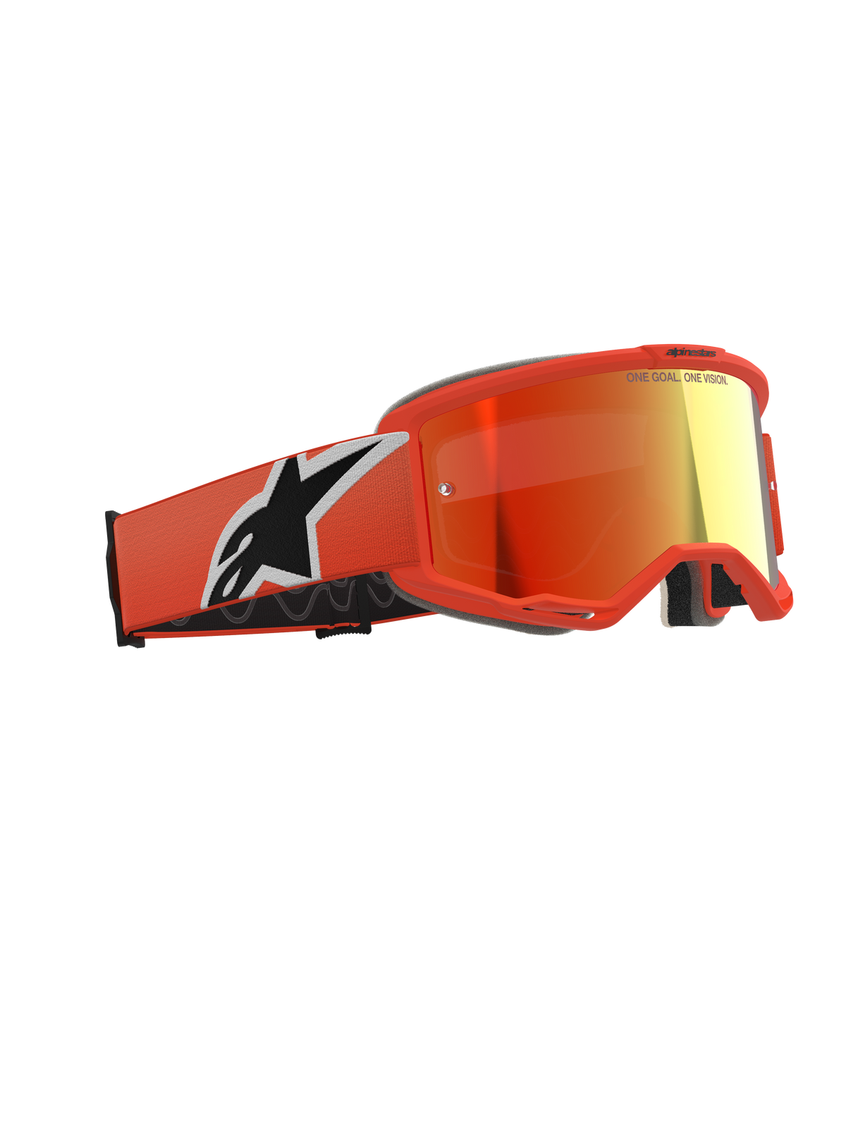 Alpinestars Vision 5 Corp Goggles, Motocross Goggles, Orange with Red Mirror Lens, vibrant orange frame and strap featuring a large white and black Astars logo, mirrored reddish-orange lens with branding on top, professional off-road protective eyewear