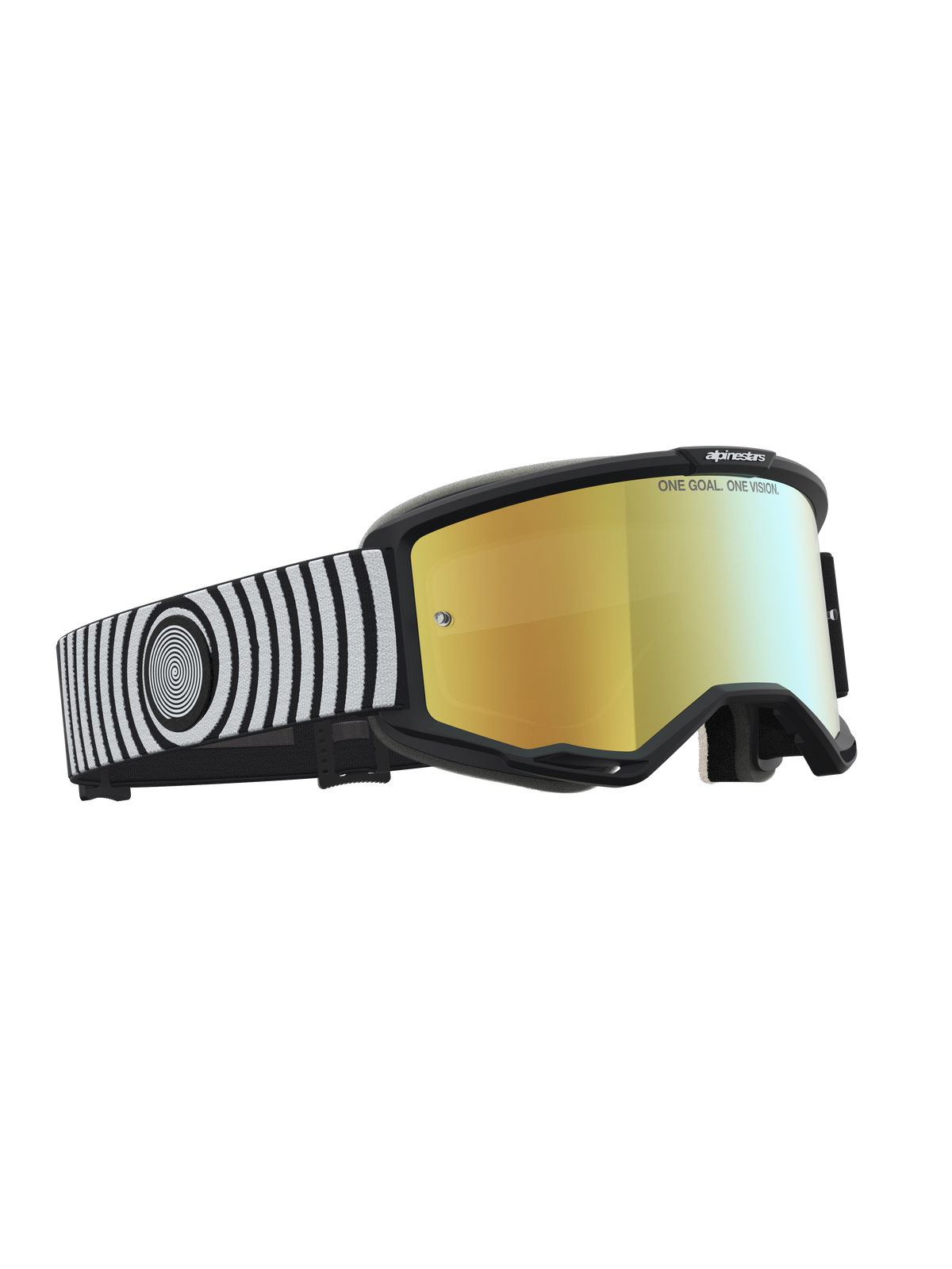 Alpinestars Vision 5 Hone Goggles, Black and White Motocross Goggles with Gold Mirror Lens and A-FLEX frame.