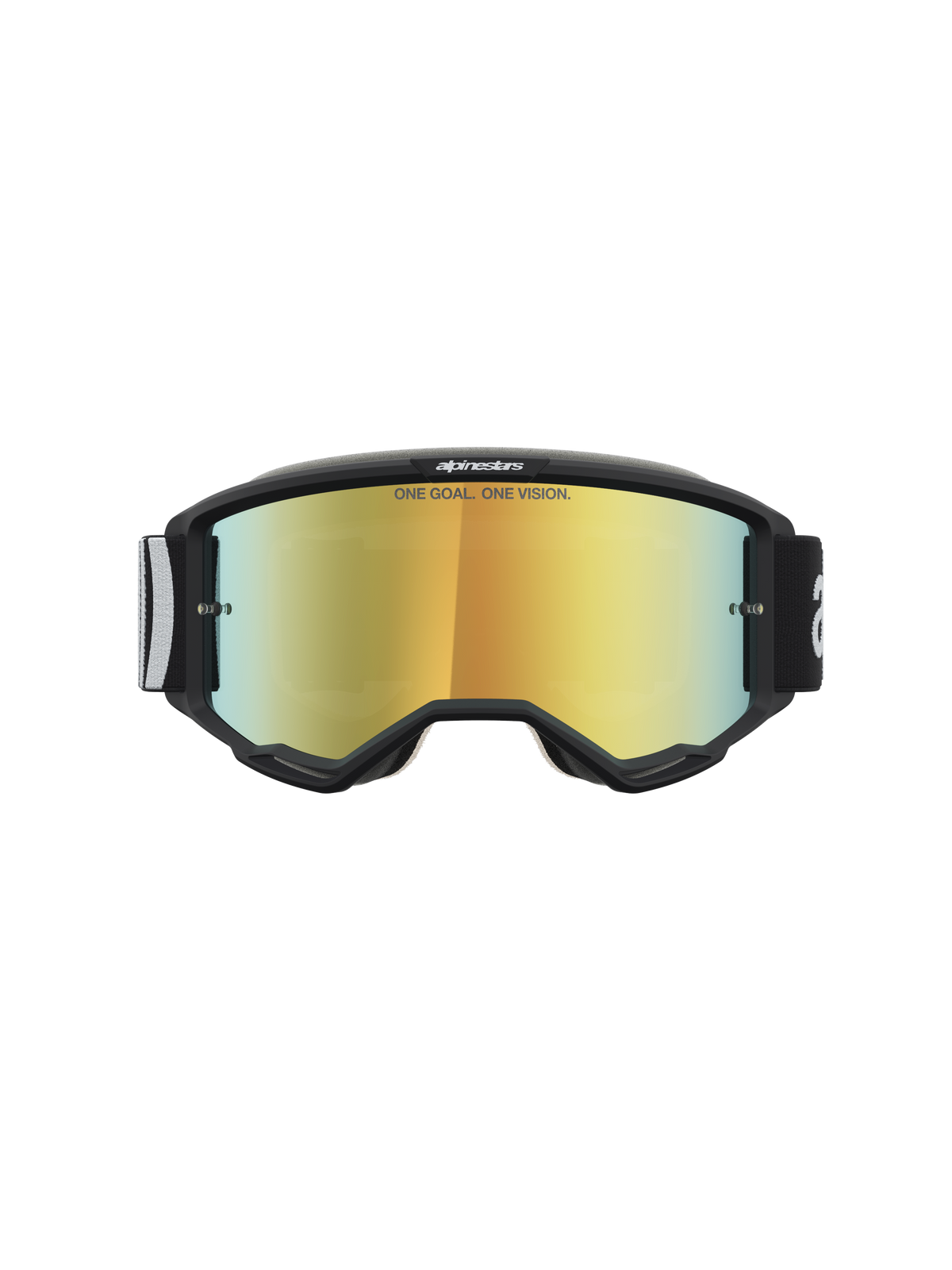 Alpinestars Vision 5 Hone goggles, svarta motocrossgoggles med Mirror Gold-lins, RAM-AIR-ventilation och flexibel A-FLEX-ram.