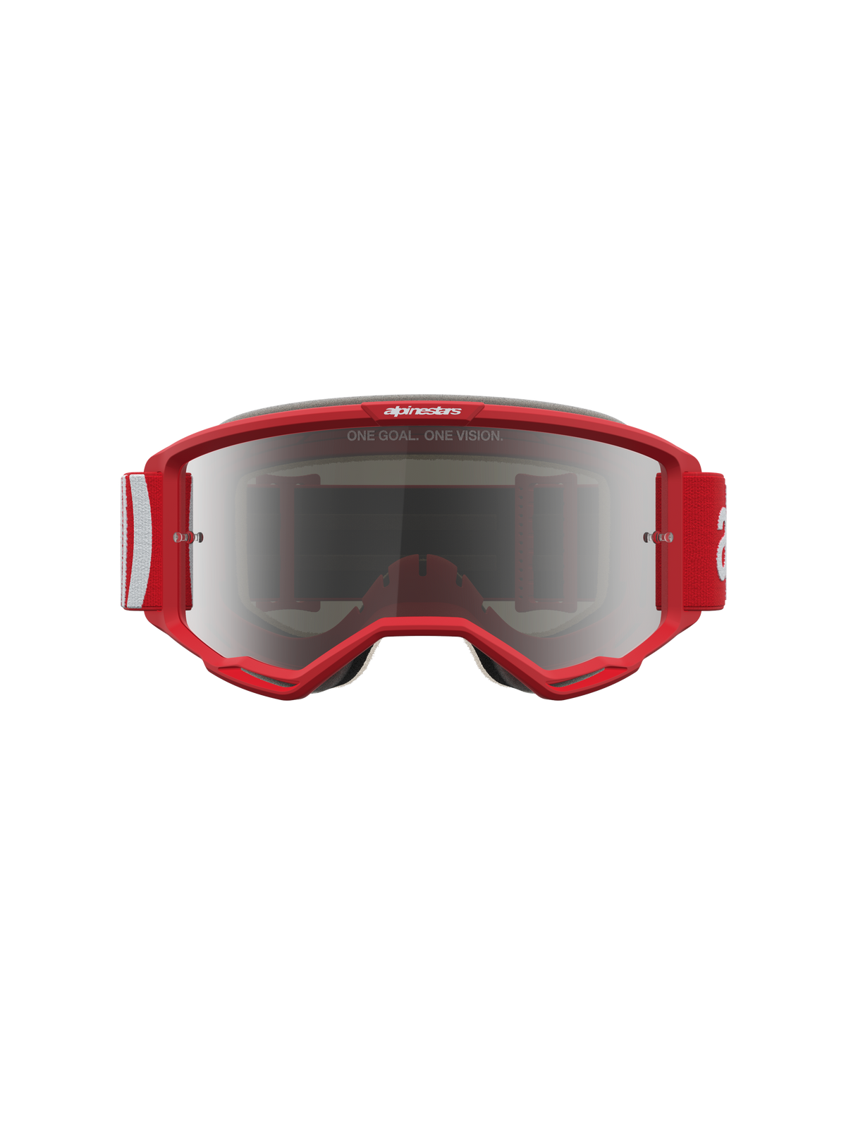 Alpinestars Vision 5 Hone goggles, röda och vita motocrossglasögon med silverfärgad spegellins och RAM-AIR ventilation.