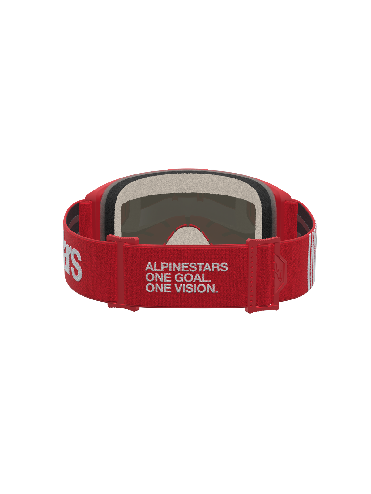 Alpinestars Vision 5 Hone Goggles, Red and White motocross eyewear with One Goal One Vision branding on the rear strap.