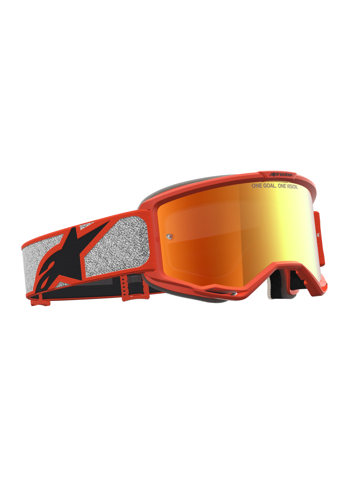 Alpinestars Vision 5 Rora goggles, motocrossgoggles i orange och silver med röd spegellins, flexibel A-FLEX-ram och RAM-AIR-ventilation för terrängkörning.