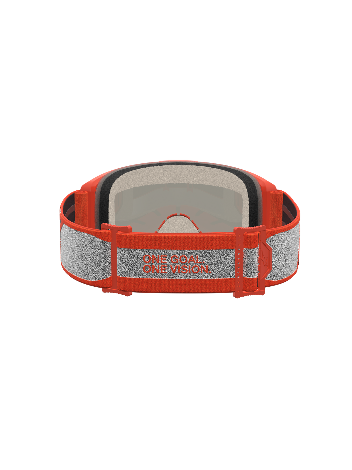 Alpinestars Vision 5 Rora goggles, orange och silver motocrossgoggles, mjuk skumvaddering och motto 'One Goal. One Vision.' på bandet, vy bakifrån för terrängkörning