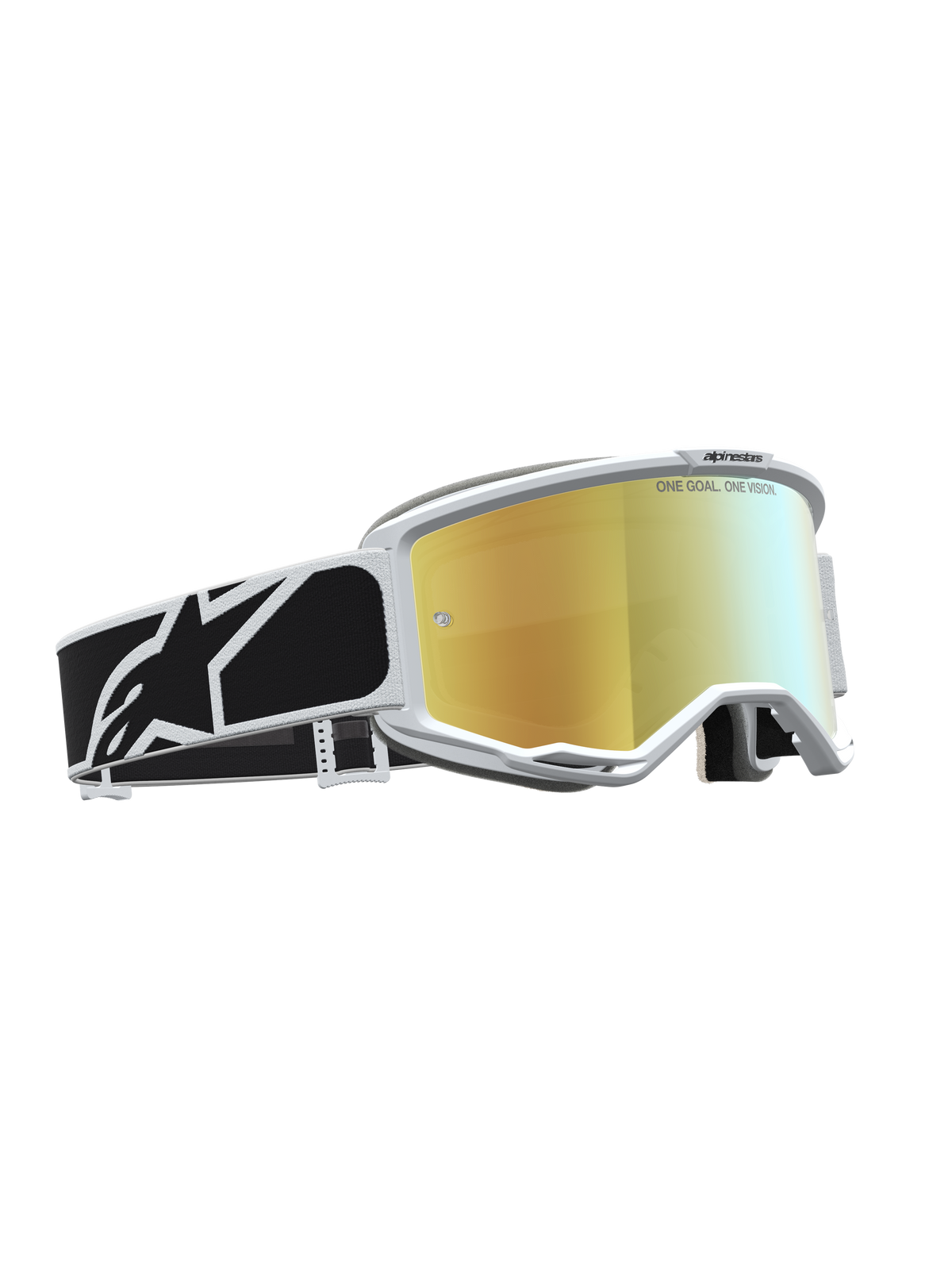 Alpinestars Vision 5 Rora goggles, motocrossgoggles med gyllene spegellins, vit ram och svart grafikrem.