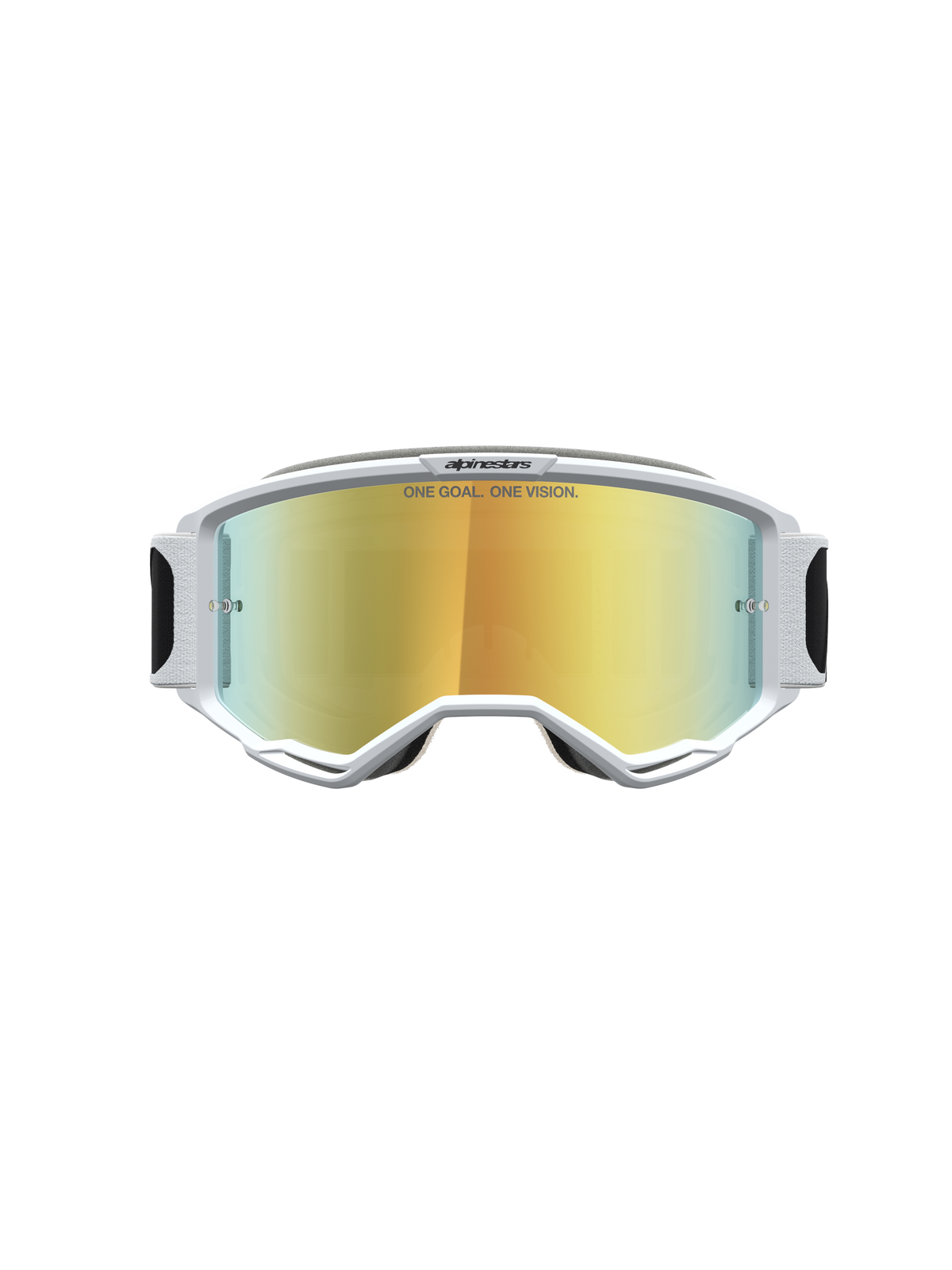 Alpinestars Vision 5 Rora goggles, vita motocrossglasögon med guld-spegellins, A-FLEX-ram och RAM-AIR-ventilation