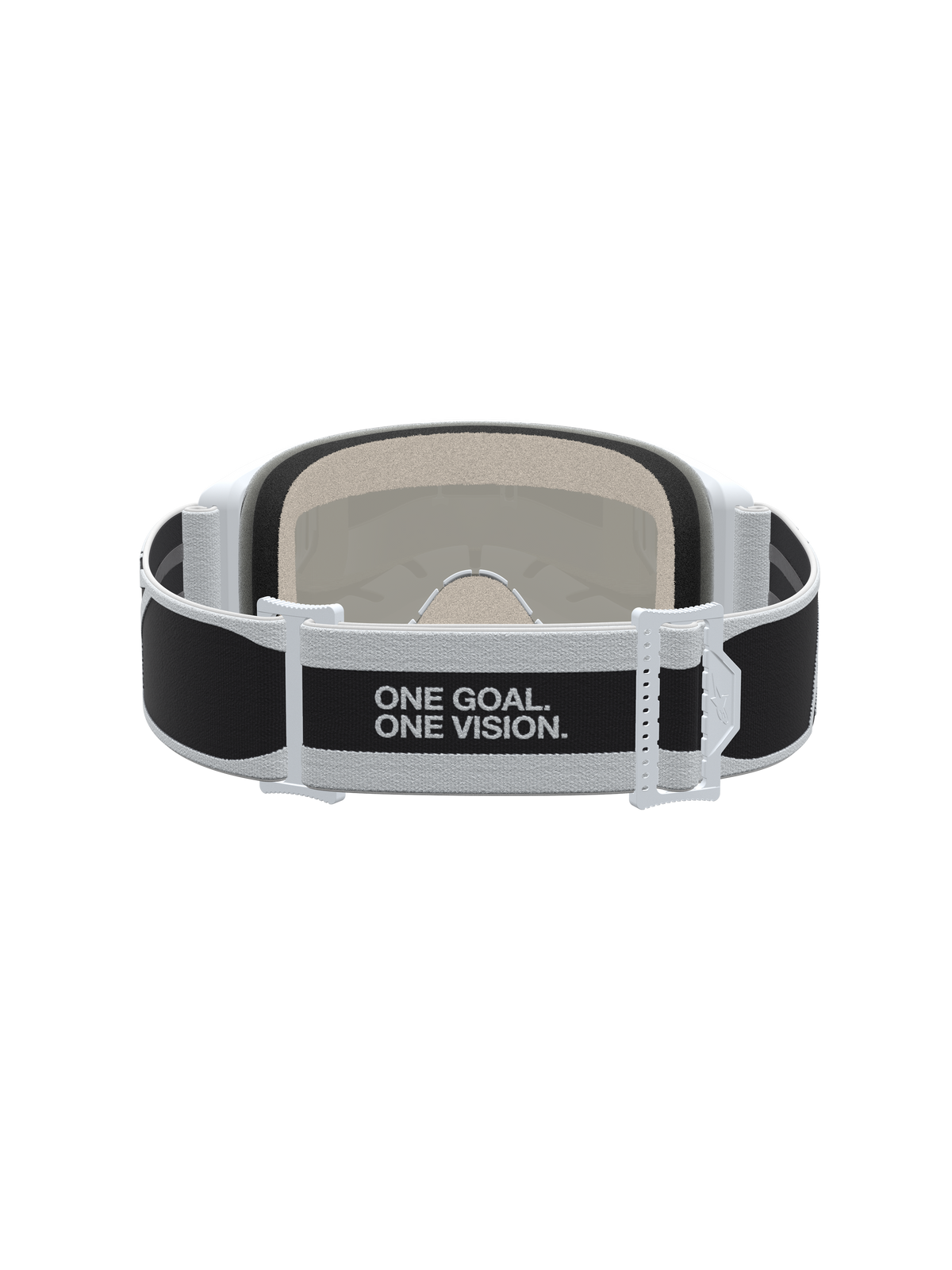 Alpinestars Vision 5 Rora goggles, motocrossracing, svarta och vita, rem med sloganen 'One Goal. One Vision.' bakifrån.