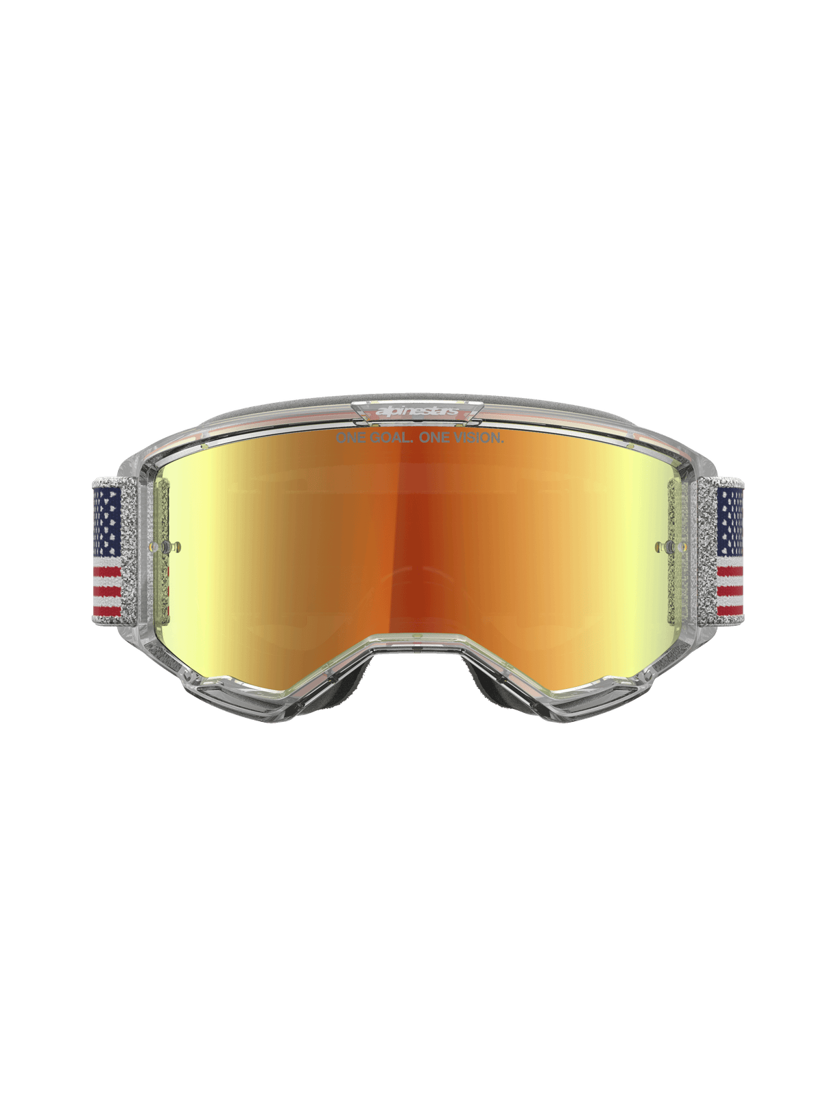 Alpinestars Vision 5 Le Fiftyfold goggles, motocrossgoggles med röd spegellins, blå och vit flaggmönstrad rem och klar A-FLEX-ram.