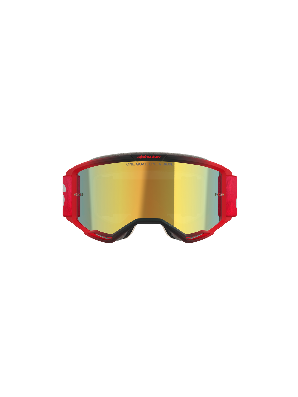 Alpinestars Vision 5 Blaze-glasögon, motocrossglasögon, röd ram med guldspegellins, har texten "ONE GOAL. ONE VISION." på linsen, rött elastiskt band med vit logotyp, professionellt ögonskydd för motocross