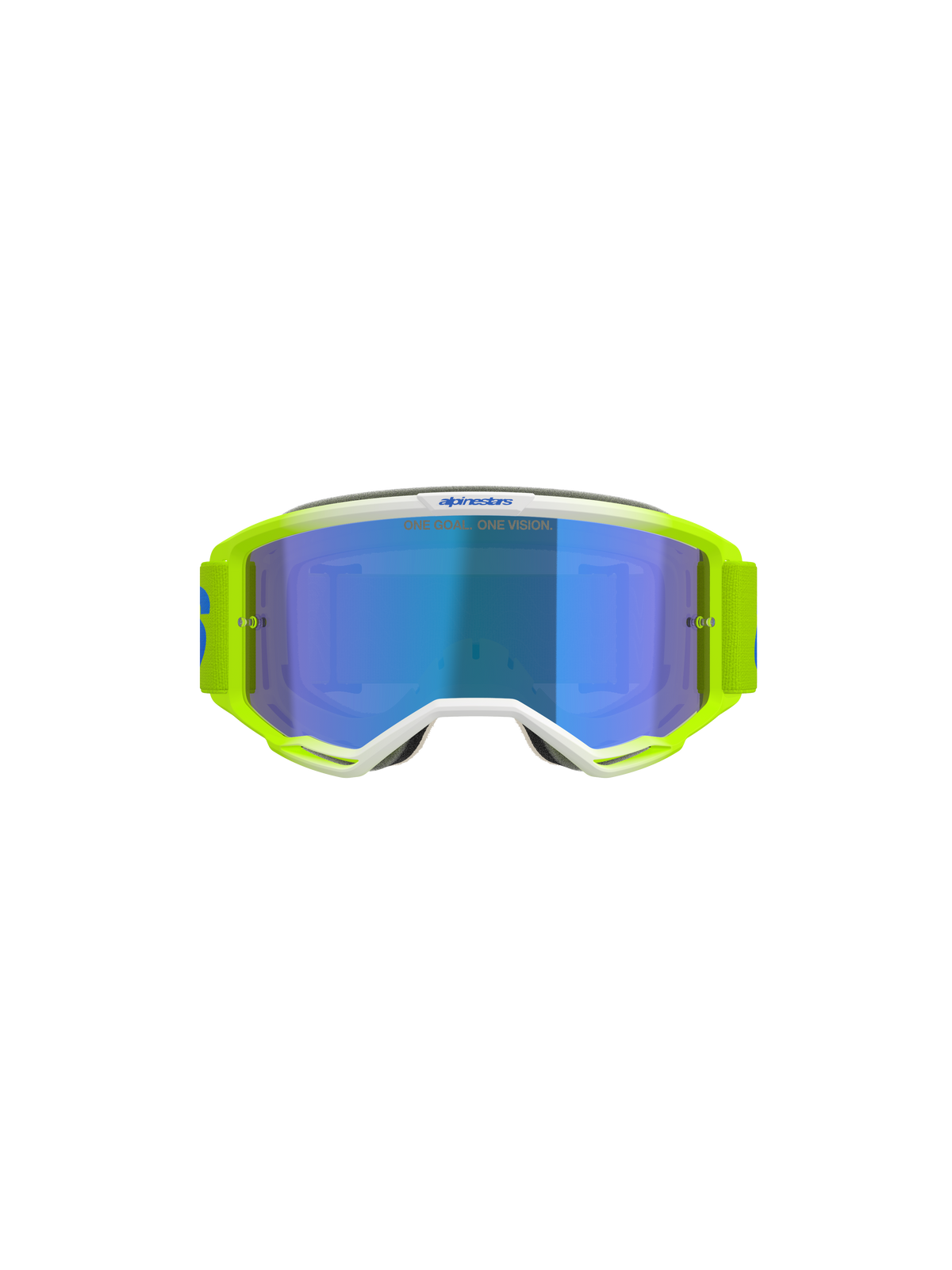 Alpinestars Vision 5 Blaze Goggles, motocrossglasögon, neongula och blå, med en blå spegellins, vita ramdetaljer och ett brett justerbart band med Alpinestars-logotyp, professionellt ögonskydd för terräng- och motocross-racing
