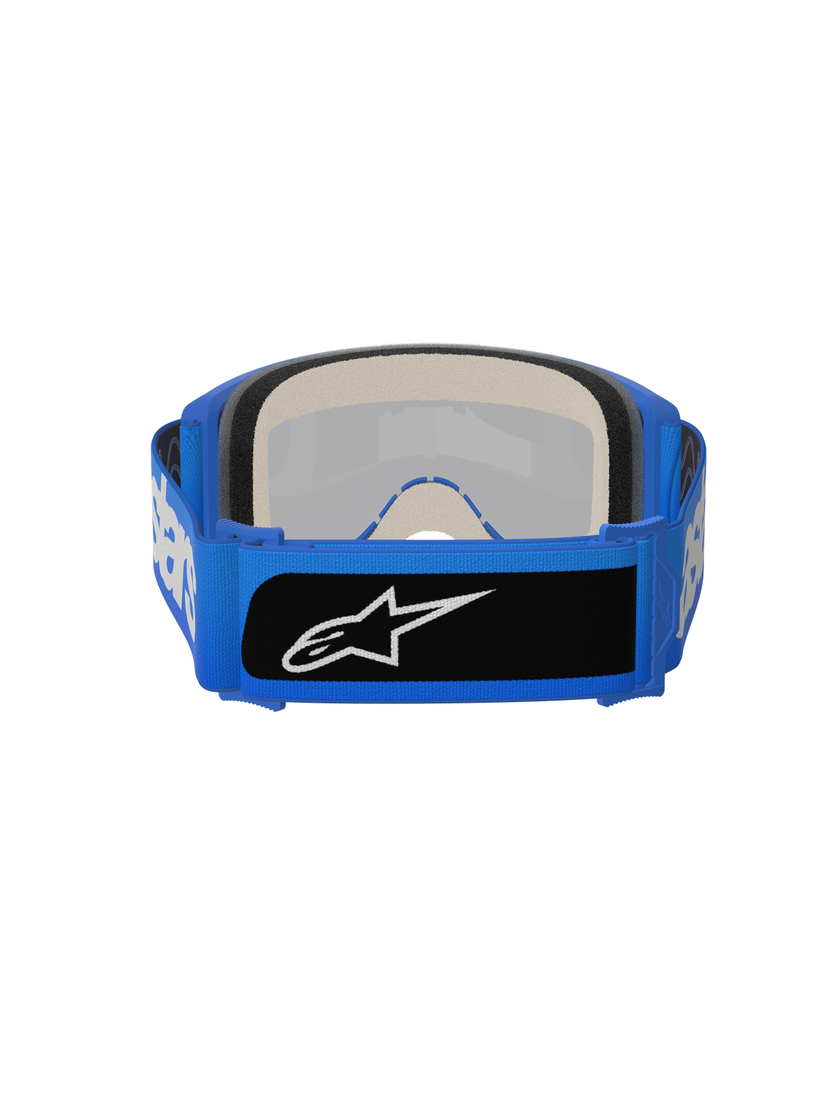 Alpinestars Vision 5 Blaze Goggles, motocrossglasögon, blå, vy bakifrån som visar tjockt flerstegsskum och en bred blå vävd rem med ett svart logotypmärke, högpresterande ögonskydd för terrängkörning