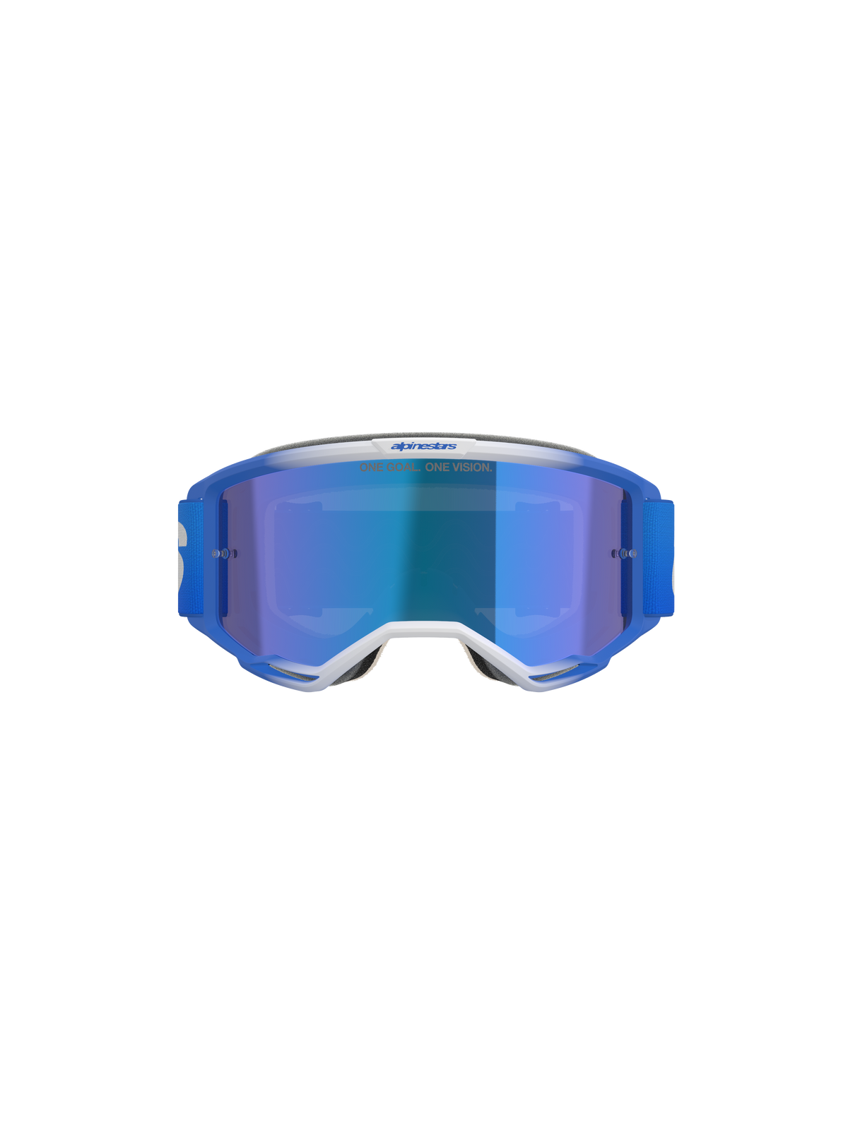 Alpinestars Vision 5 Blaze Goggles, motocrossglasögon, Blue Mirror Blue, vy framifrån med blå och vit A-FLEX-ram, blå spegellins och blå vävd rem, professionellt ögonskydd för terrängkörning
