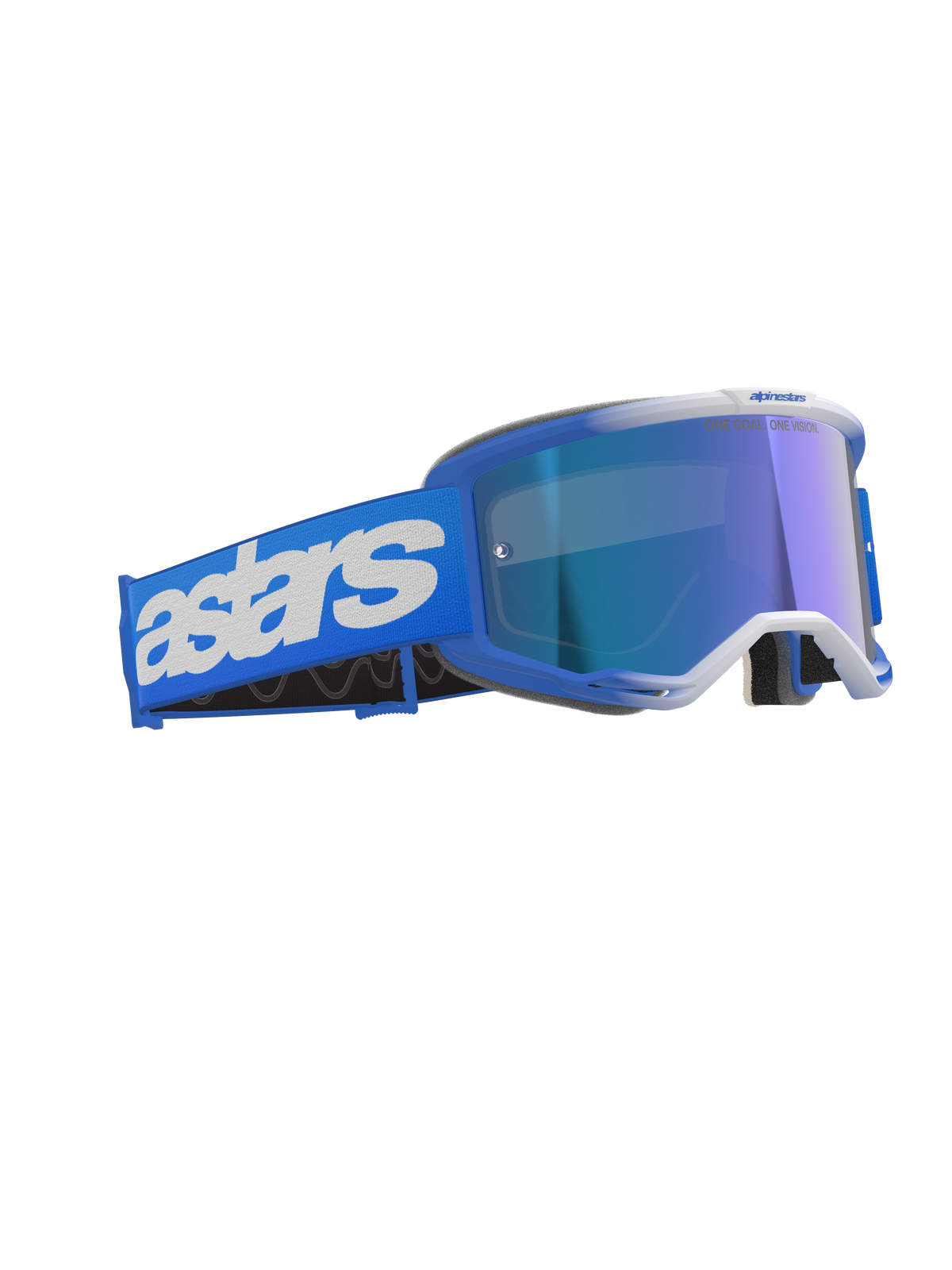 Alpinestars Vision 5 Blaze Goggles, motocrossglasögon, Blue Mirror Blue, blå ram och spegellins, brett blått band med vit Astars-logotyp, högpresterande skyddsglasögon för terrängkörning