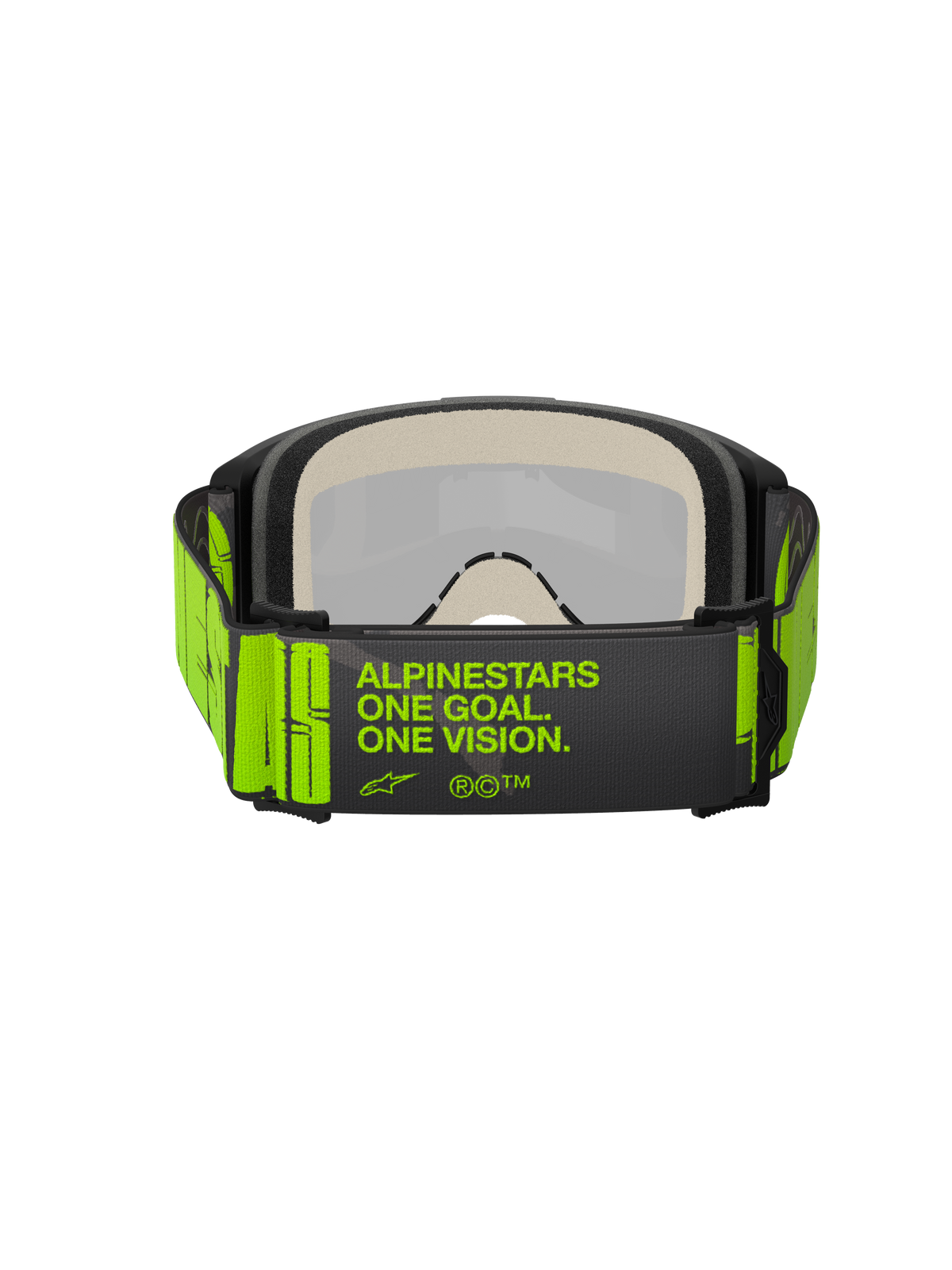 Alpinestars Vision 5 Hollow goggles, motocrossglasögon, mörkgrå och neongul, baksida som visar den breda vävda remmen med texten 'ALPINESTARS ONE GOAL. ONE VISION.', flerskiktsskum mot ansiktet, designad för terrängkörning