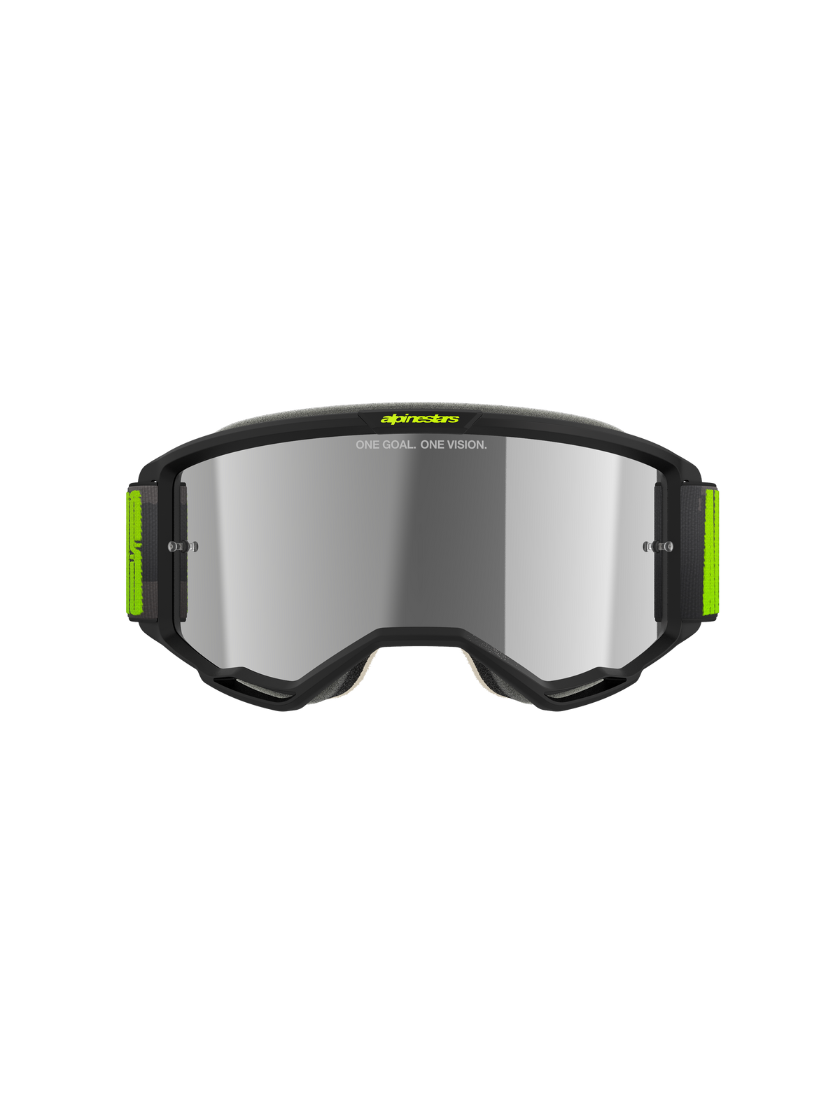 Alpinestars Vision 5 Hollow-glasögon, motocrossglasögon, mörkgrå och neongula, silverfärgad spegellins, smidig mörkgrå ram med klargula detaljer och bred vävd rem, högpresterande ögonskydd för terrängkörning
